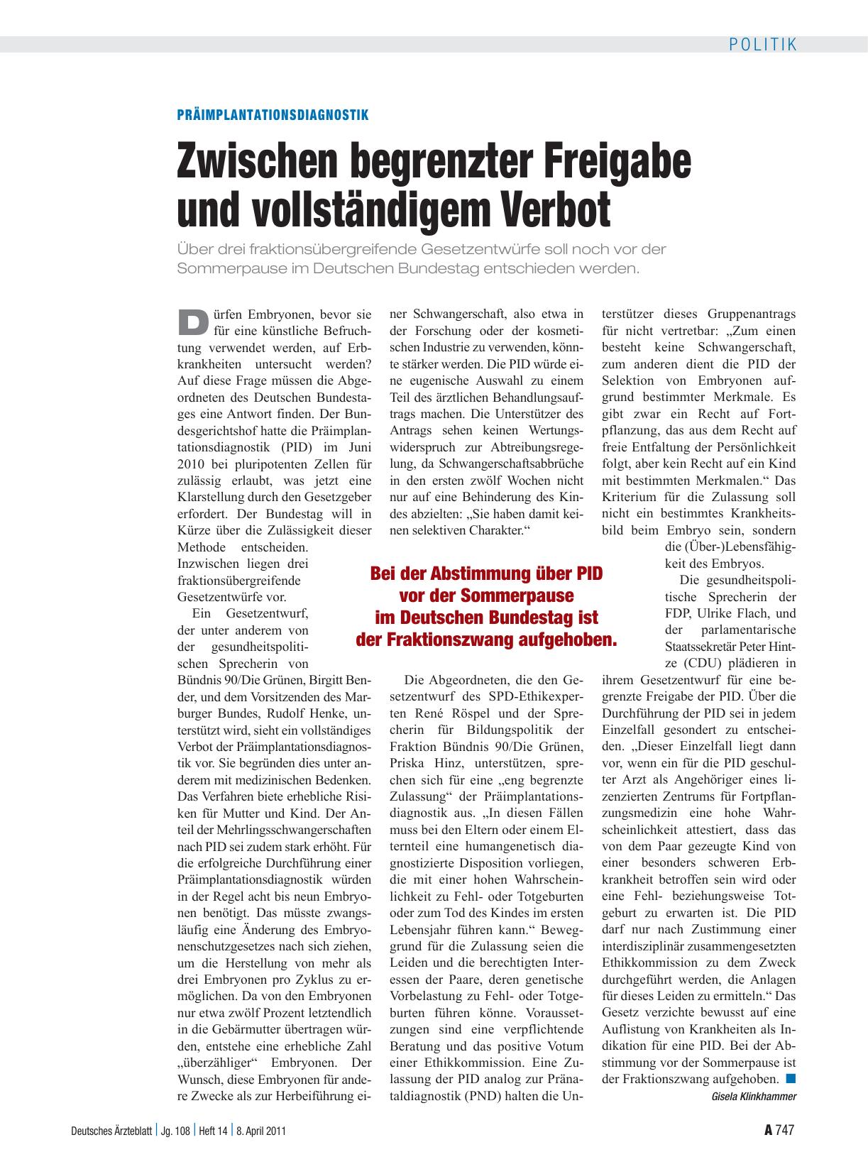 Vorschauseite 1: Präimplantationsdiagnostik: Zwischen begrenzter Freigabe und vollständigem Verbot