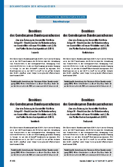 Vorschauseite 1: Beschluss des Gemeinsamen Bundesausschusses über eine Änderung der Arzneimittel-Richtlinie: Anlage XII – Ixazomib