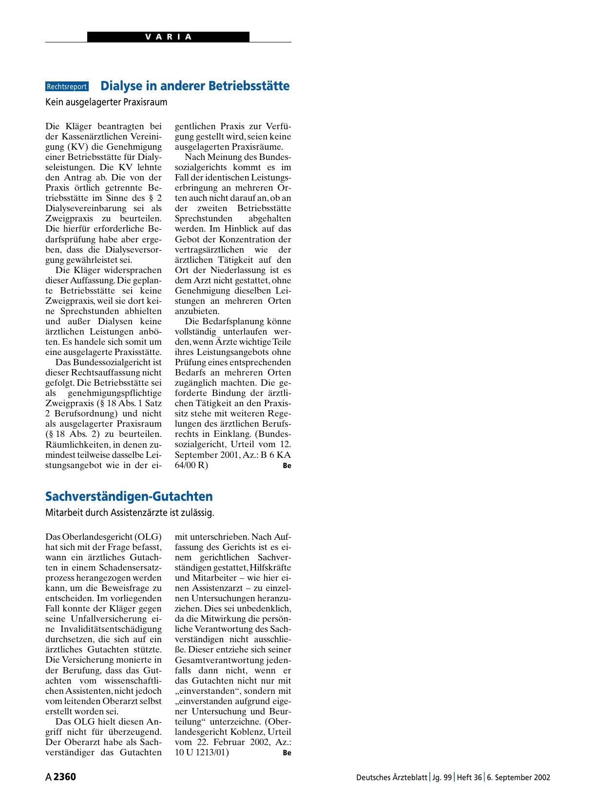 Vorschauseite 1: Dialyse in anderer Betriebsstätte: Kein ausgelagerter Praxisraum