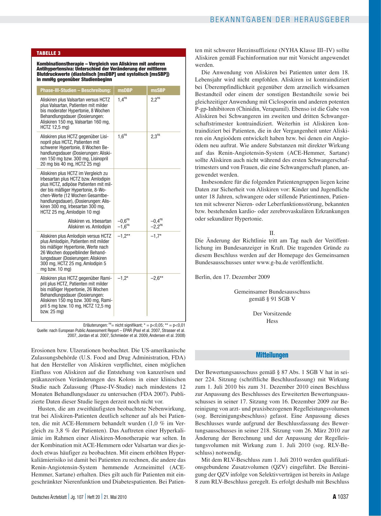 Vorschauseite 3: Bekanntmachungen: Beschluss des Gemeinsamen Bundesausschusses über die Änderung der Arzneimittel-Richtlinie (AM-RL) in Anlage IV: Therapiehinweis zu Aliskiren Vom 17. Dezember 2009
