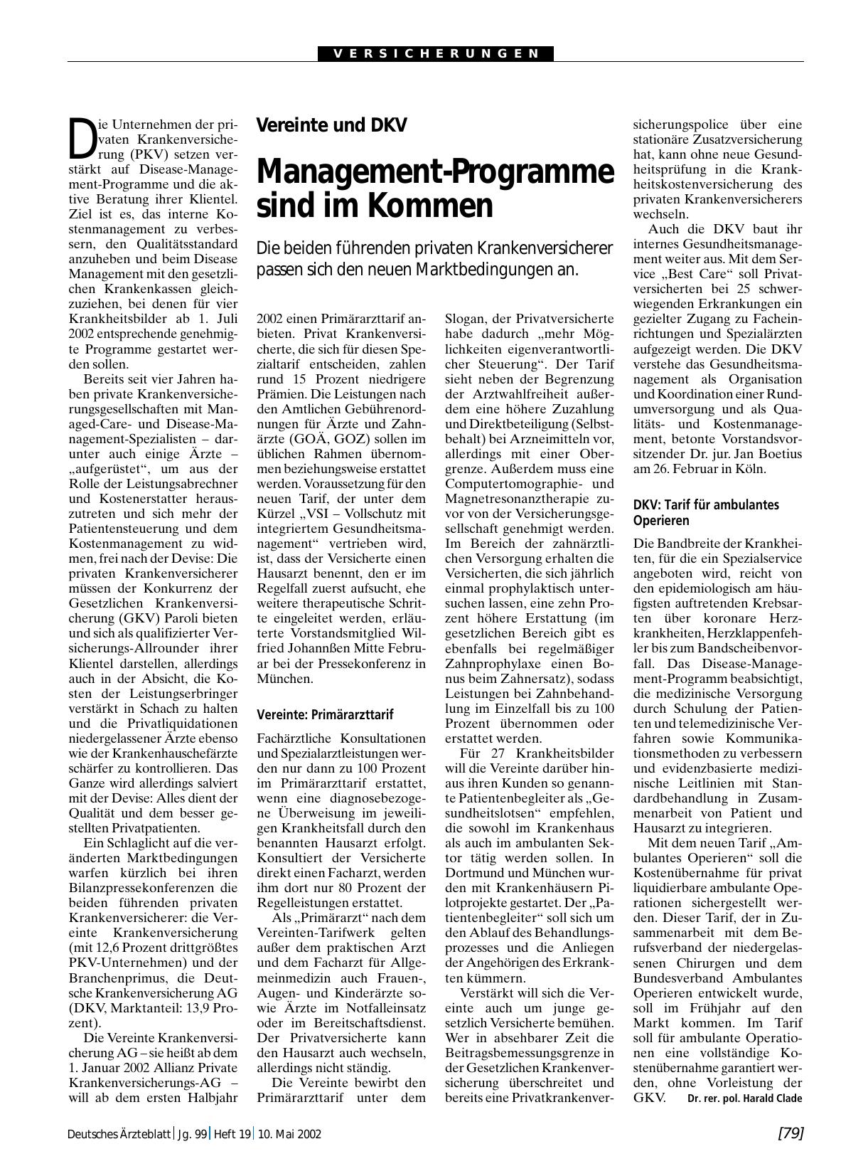 Vorschauseite 1: Vereinte und DKV: Management-Programme sind im Kommen