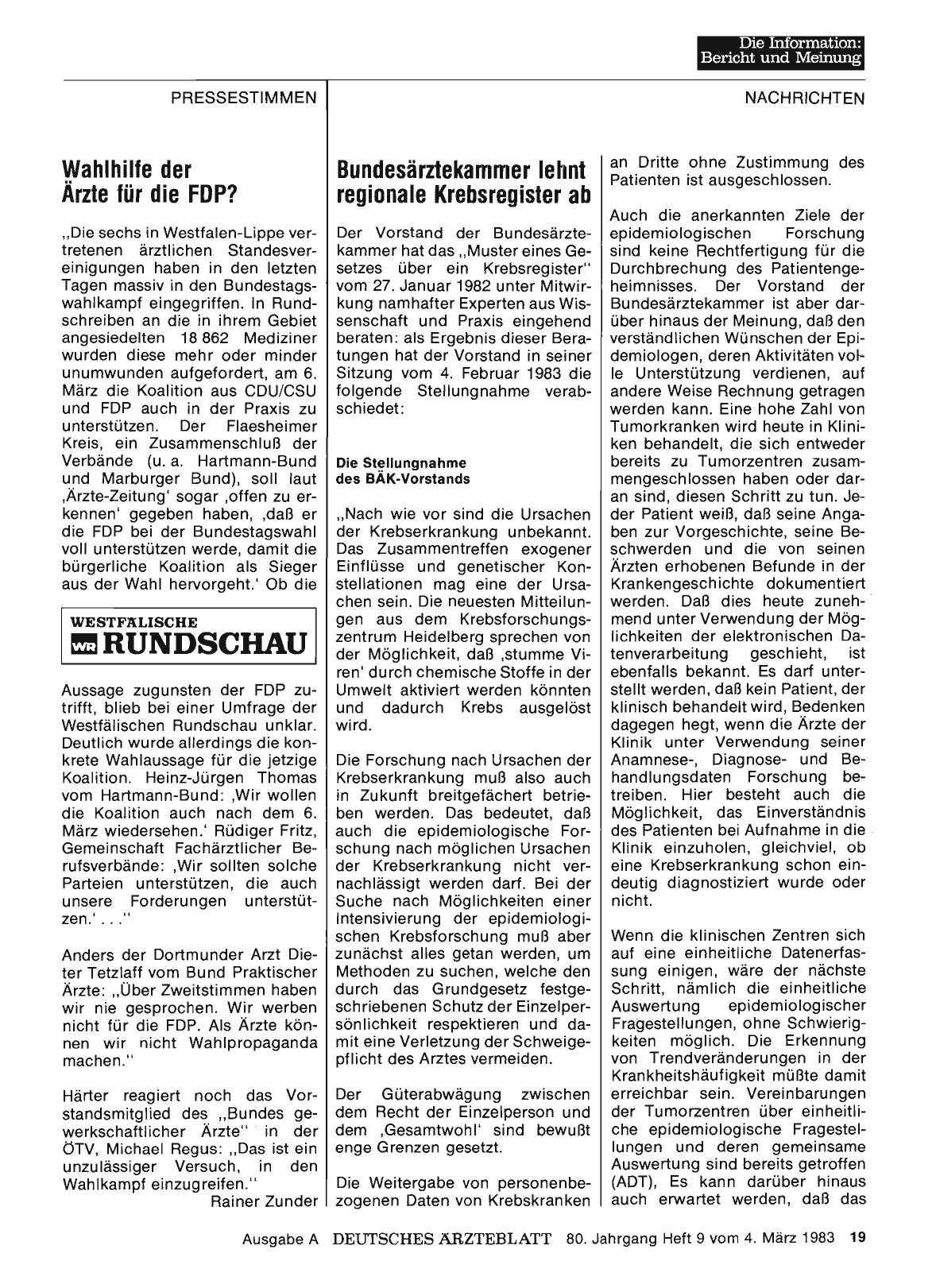 Vorschauseite 1: Bundesärztekammer lehnt regionale Krebsregister ab