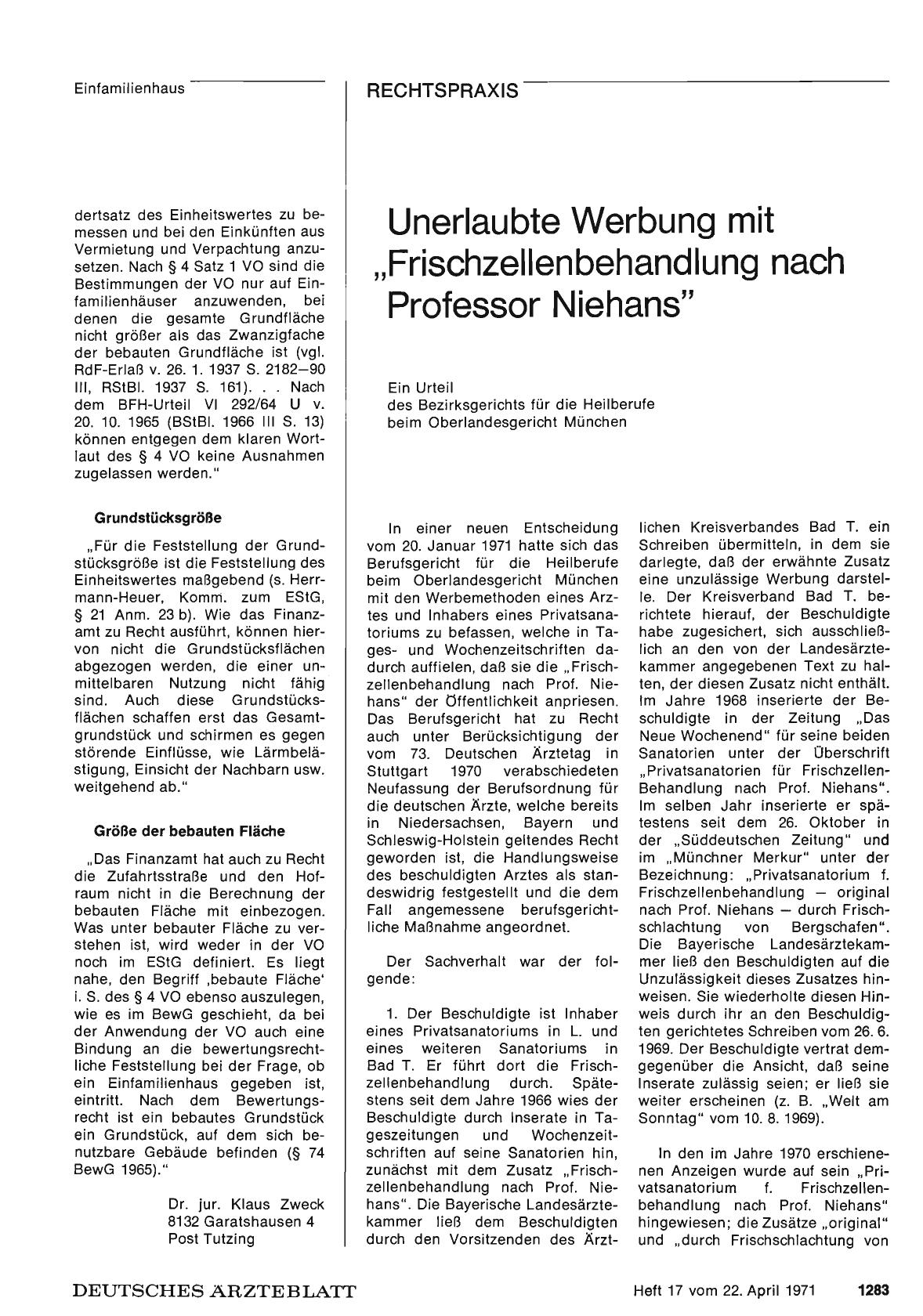 Vorschauseite 1: Unerlaubte Werbung mit „Frischzellenbehandlung nach Professor Niehans"