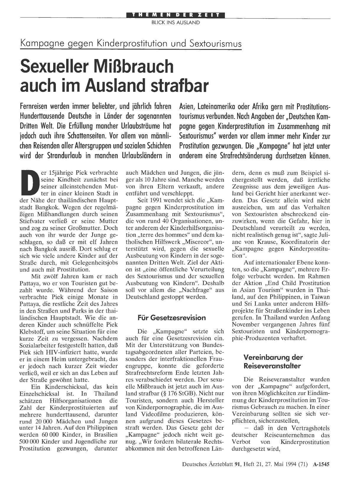 Vorschauseite 1: Kampagne gegen Kinderprostitution und Sextourismus: Sexueller Mißbrauch auch im Ausland strafbar