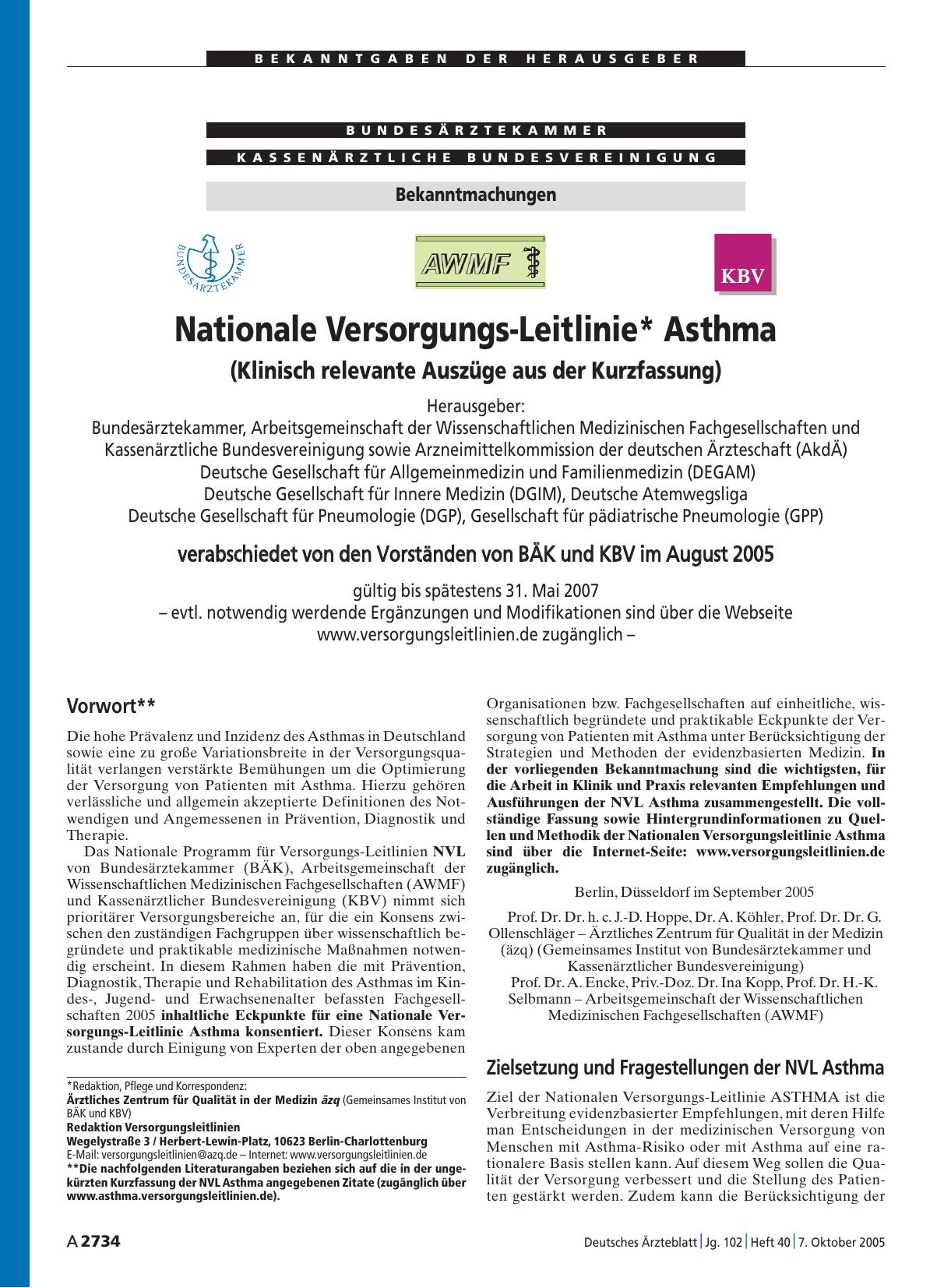 Vorschauseite 1: Nationale Versorgungs-Leitlinie* Asthma