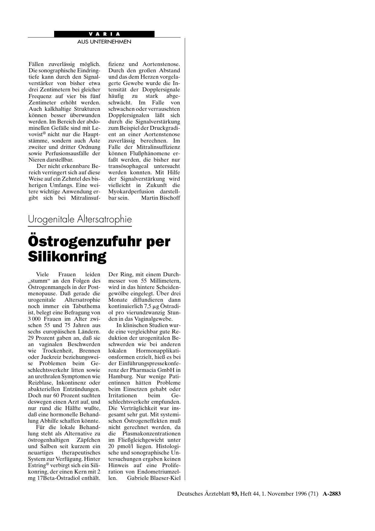 Vorschauseite 1: Urogenitale Altersatrophie: Östrogenzufuhr per Silikonring