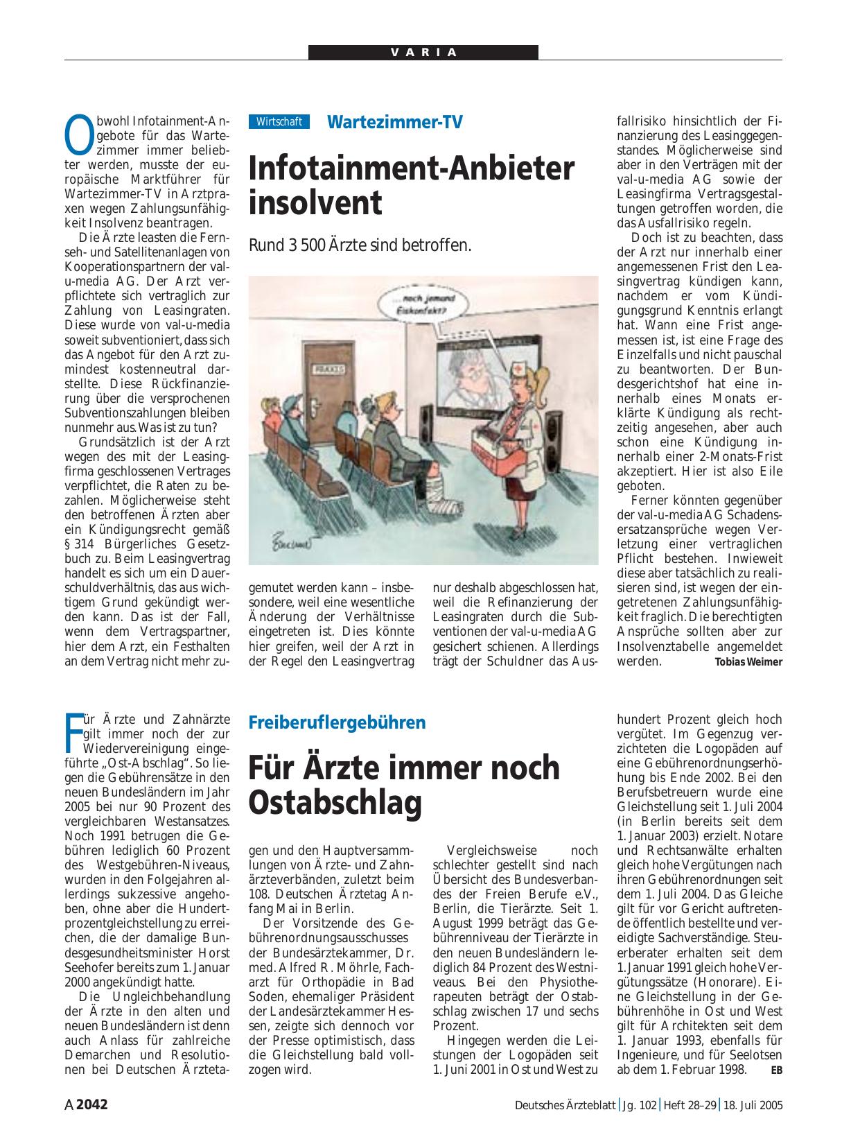 Vorschauseite 1: Freiberuflergebühren: Für Ärzte immer noch Ostabschlag