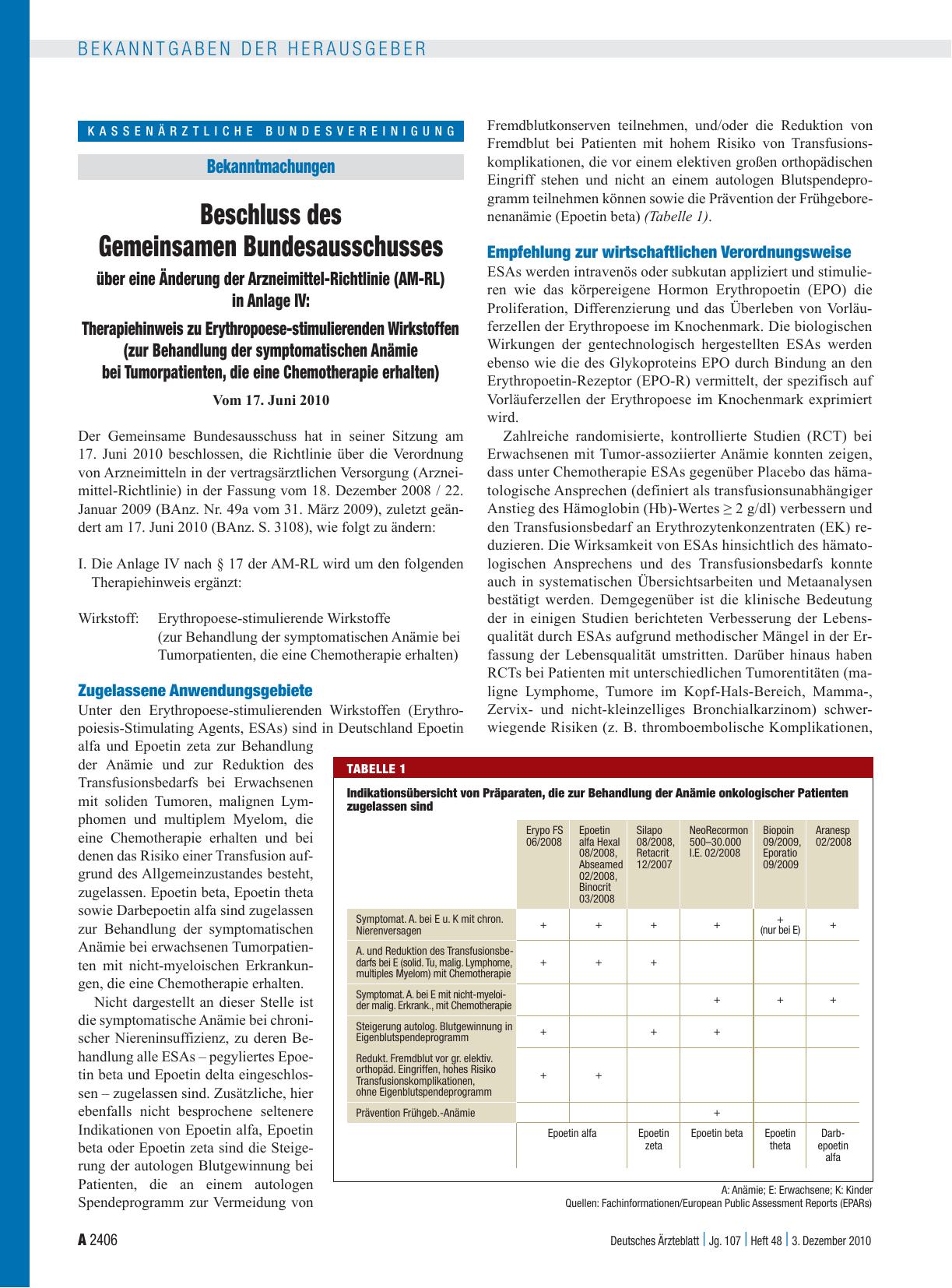 Vorschauseite 1: Beschluss des Gemeinsamen Bundesausschusses über eine Änderung der Arzneimittel-Richtlinie (AM-RL) in Anlage IV: Therapiehinweis zu Erythropoese-stimulierenden Wirkstoffen (zur Be…