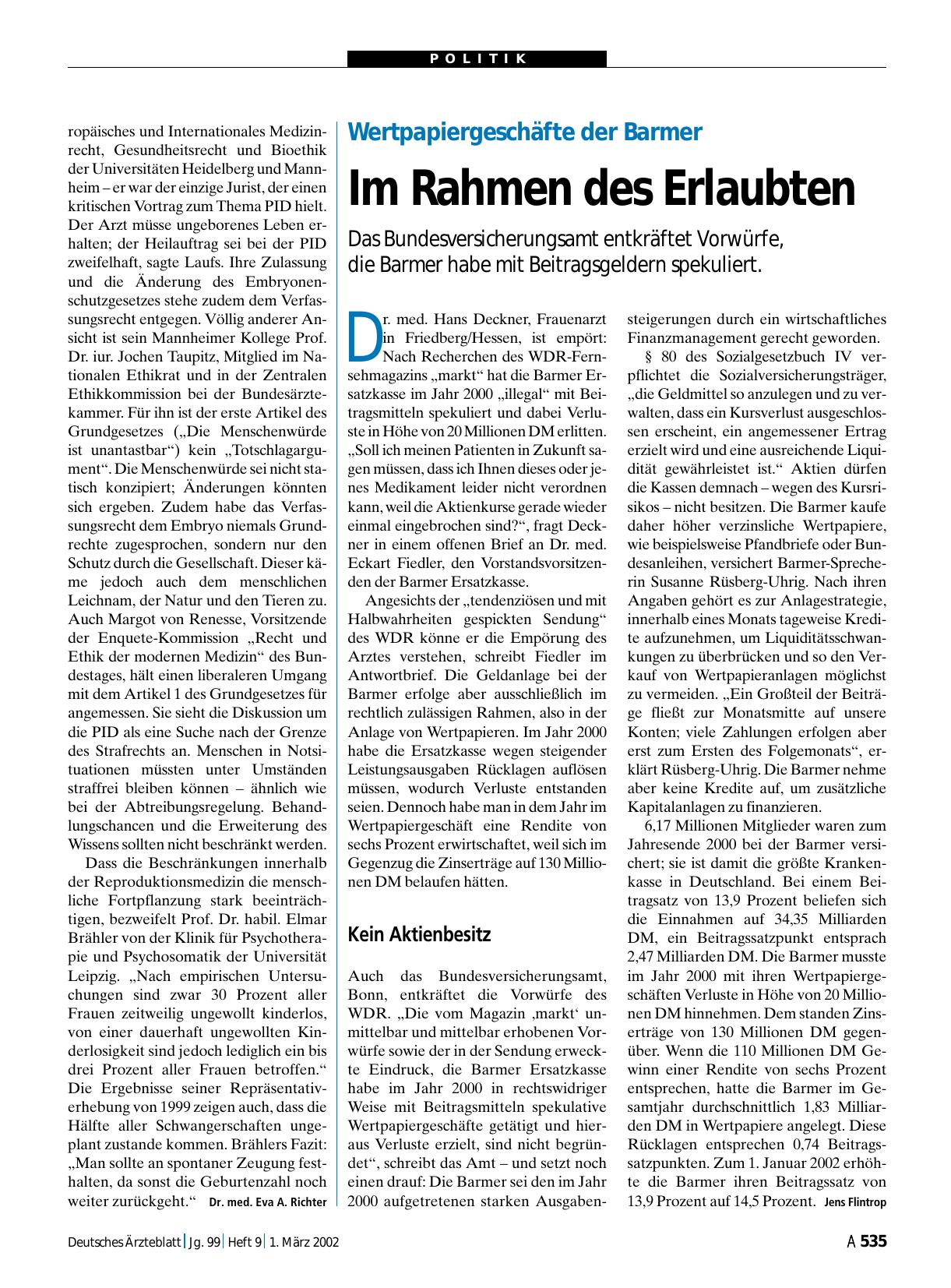 Vorschauseite 1: Wertpapiergeschäfte der Barmer: Im Rahmen des Erlaubten