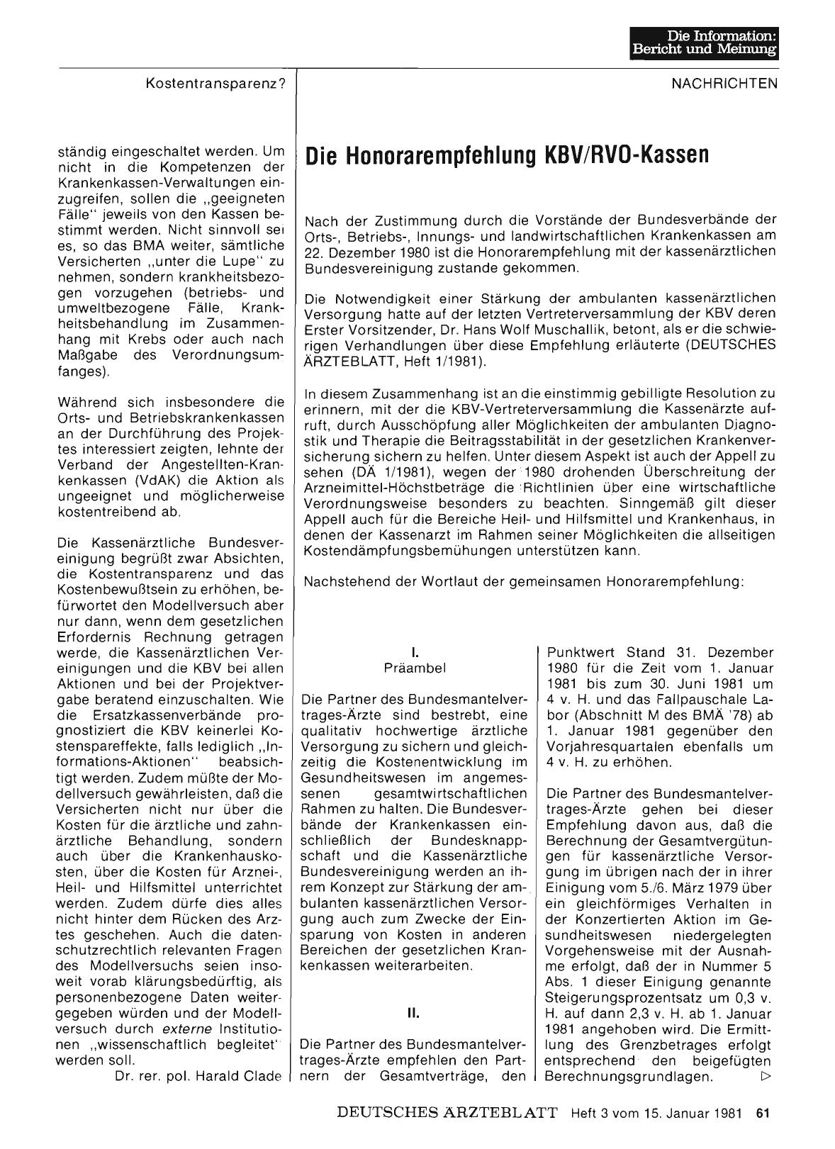 Vorschauseite 1: Die Honorarempfehlung KBV/RVO-Kassen