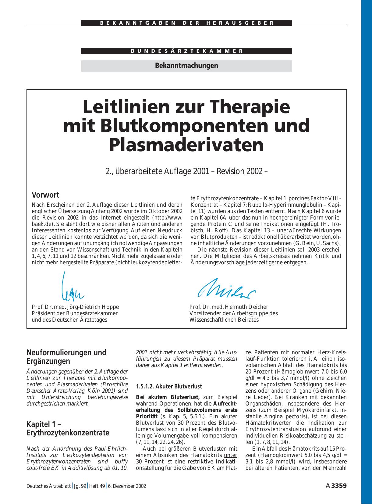 Vorschauseite 1: Bekanntmachungen: Leitlinien zur Therapie mit Blutkomponenten und Plasmaderivaten