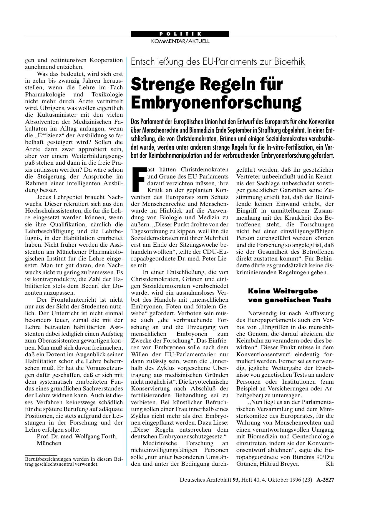 Vorschauseite 1: Entschließung des EU-Parlaments zur Bioethik: Strenge Regeln für Embryonenforschung