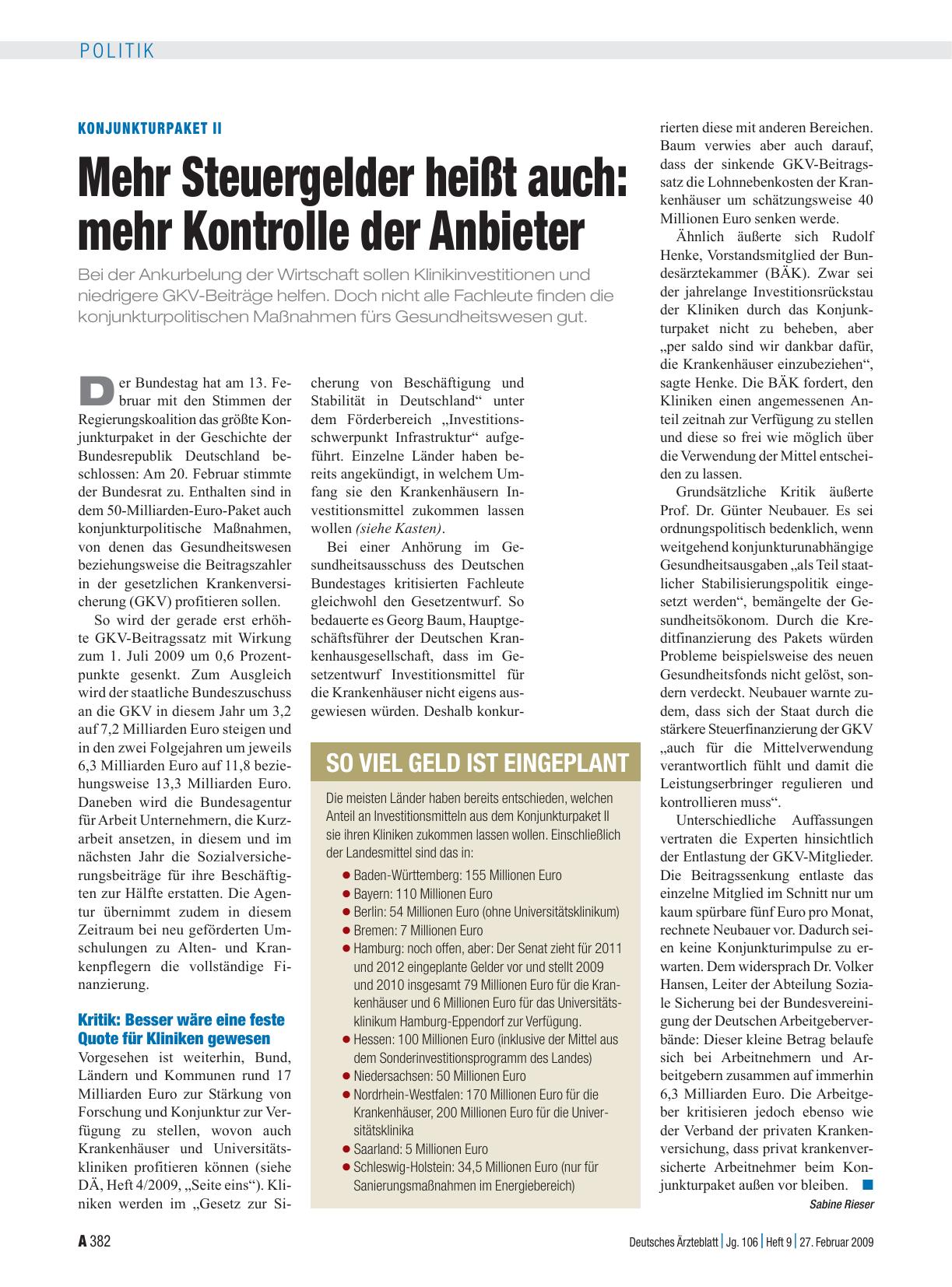 Vorschauseite 1: Konjunkturpaket II: Mehr Steuergelder heißt auch: mehr Kontrolle der Anbieter