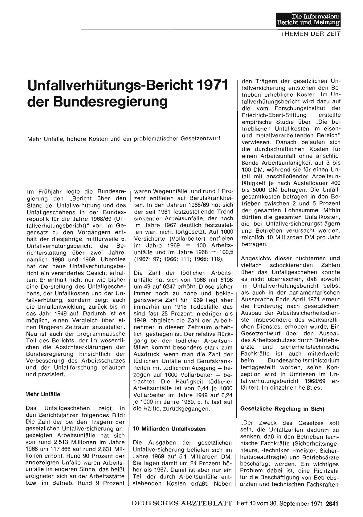Vorschauseite 1: Unfallverhütung-Bericht 1971 der Bundesregierung
