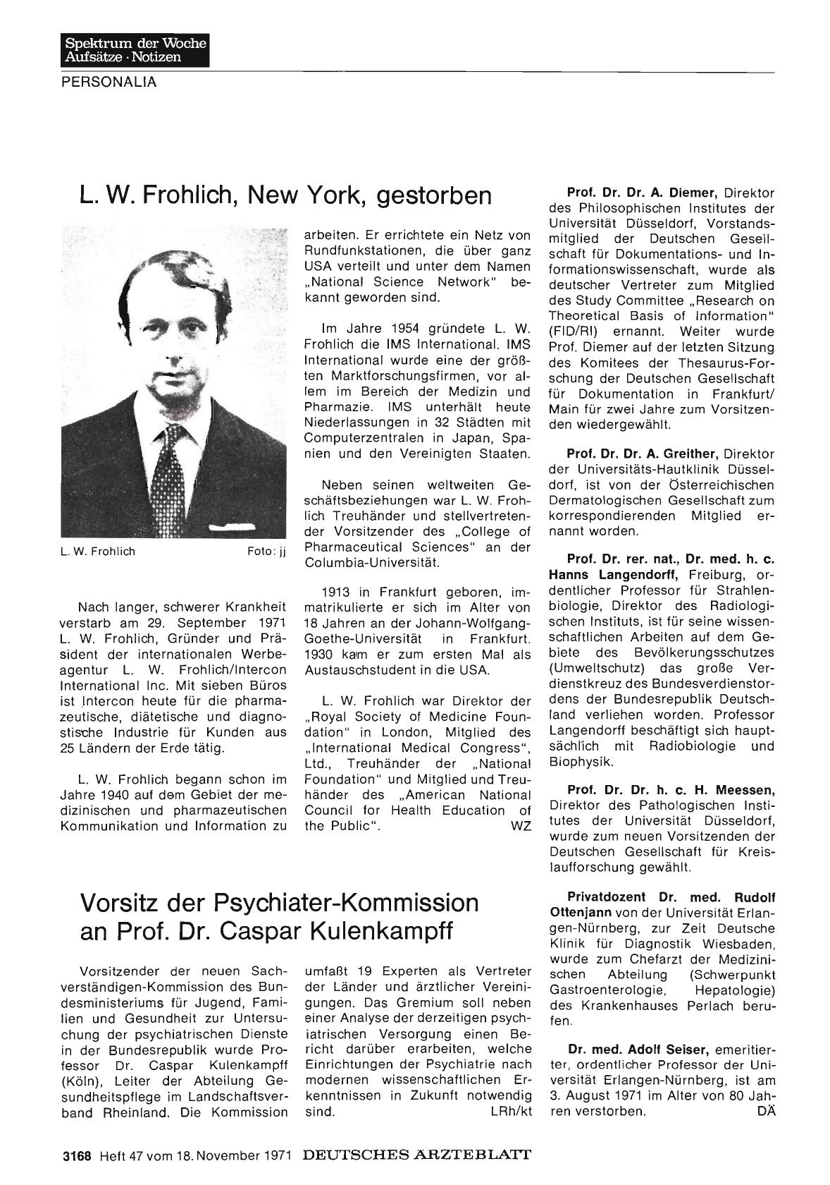 Vorschauseite 1: Vorsitz der Psychiater-Kommission an Prof. Dr. Caspar Kulenkampff