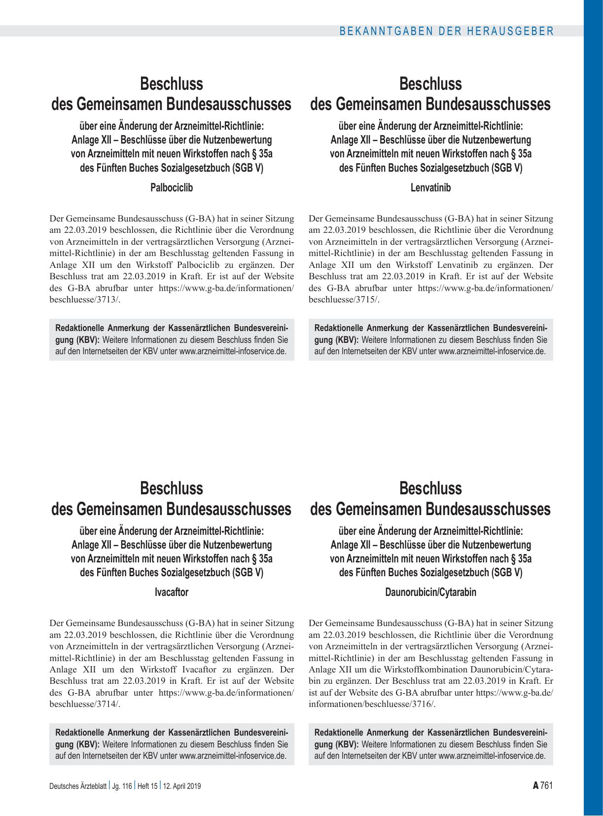 Vorschauseite 1: Beschluss des Gemeinsamen Bundesausschusses über eine Änderung der Arzneimittel-Richtlinie: Anlage XII – Palbociclib