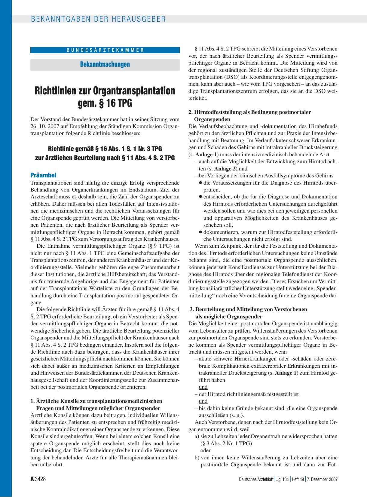 Vorschauseite 1: Bekanntmachungen: Richtlinien zur Organtransplantation gem. § 16 TPG