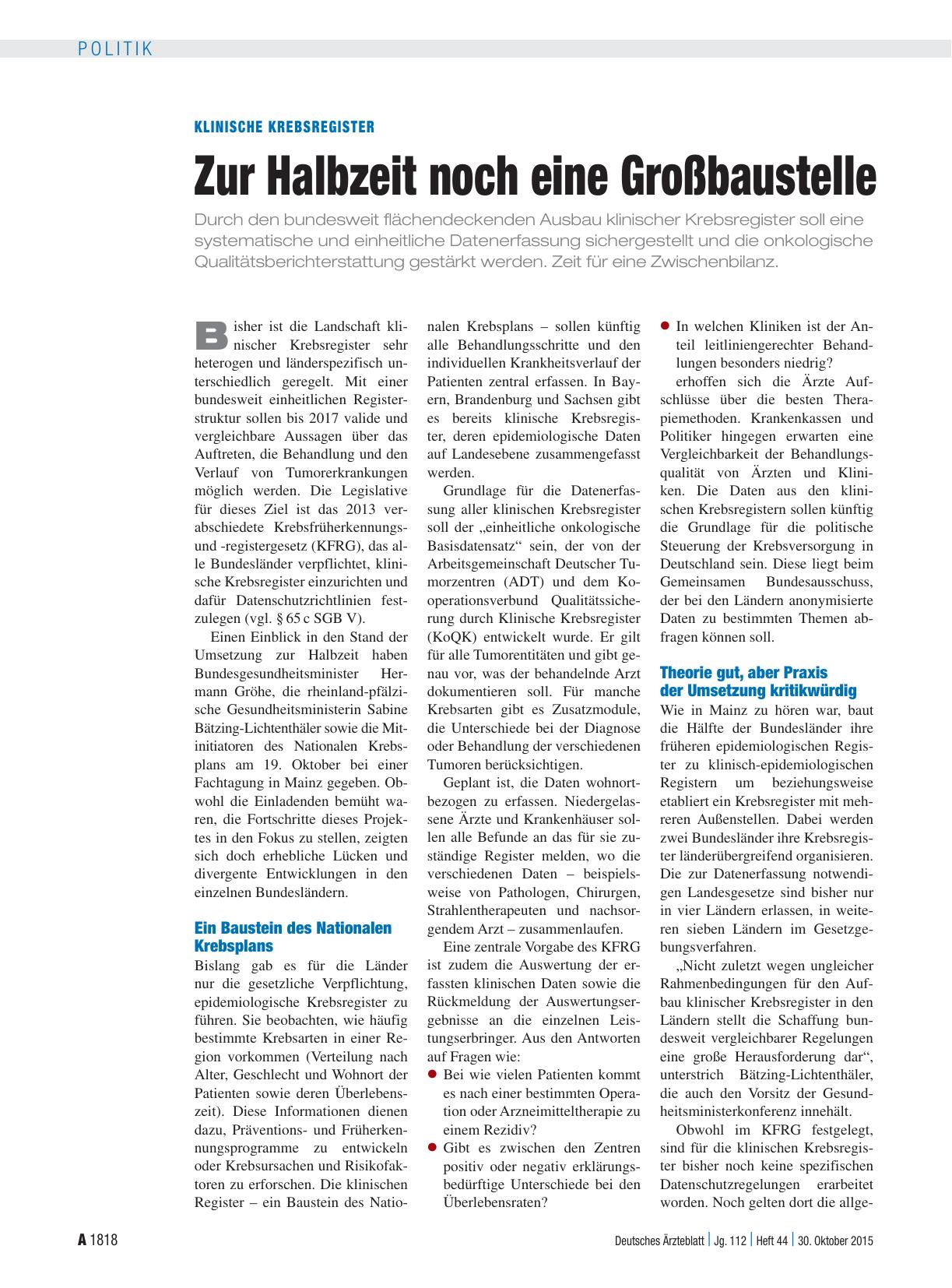 Vorschauseite 1: Klinische Krebsregister: Zur Halbzeit noch eine Großbaustelle
