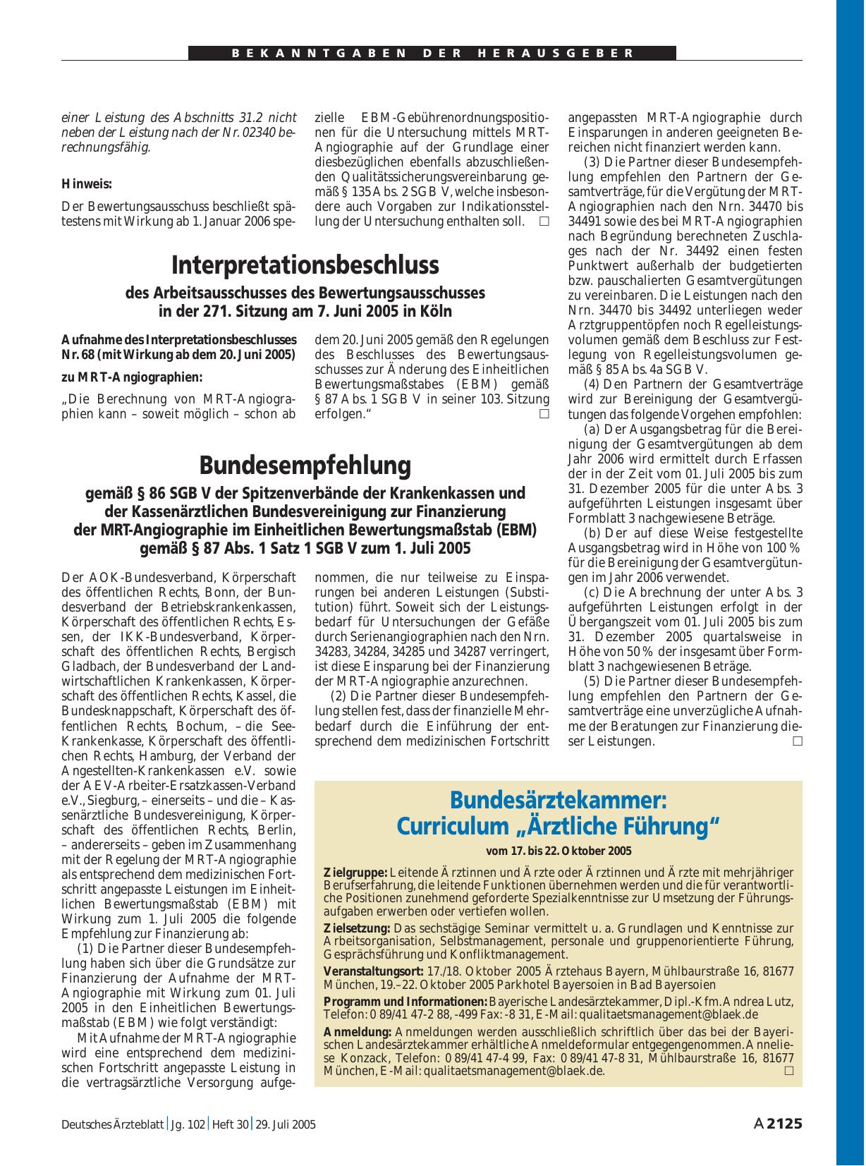 Vorschauseite 1: Bundesärztekammer: Curriculum „Ärztliche Führung“