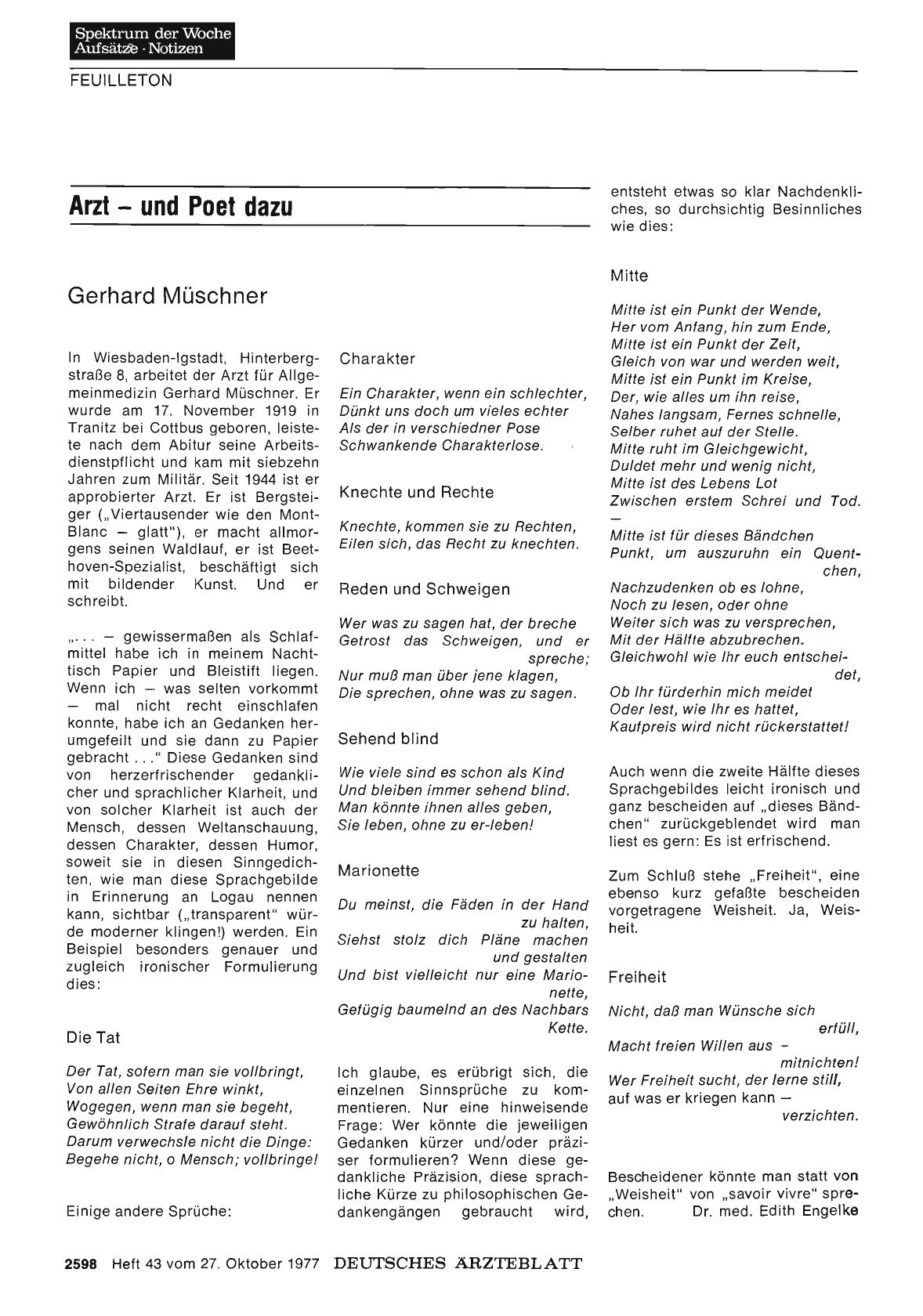 Vorschauseite 1: Arzt — und Poet dazu: Gerhard Müschner