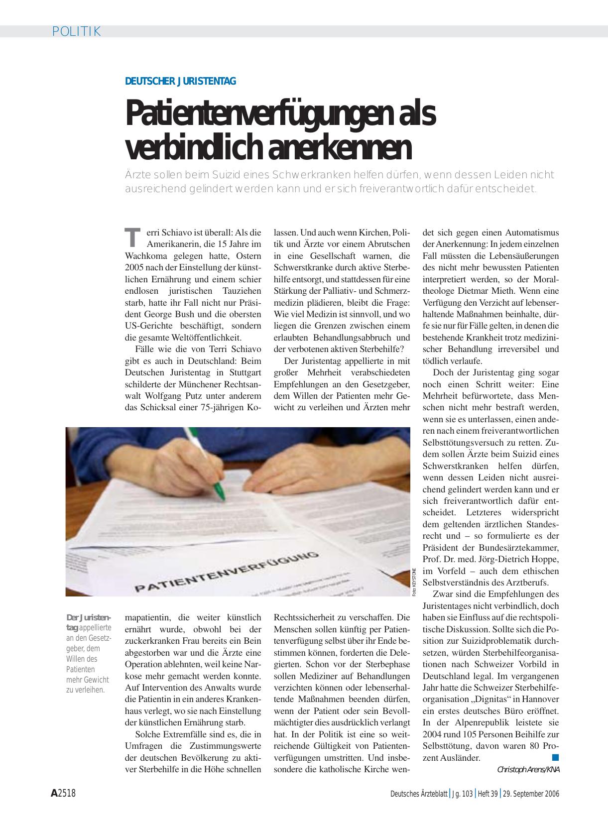 Vorschauseite 1: Deutscher Juristentag: Patientenverfügungen als verbindlich anerkennen