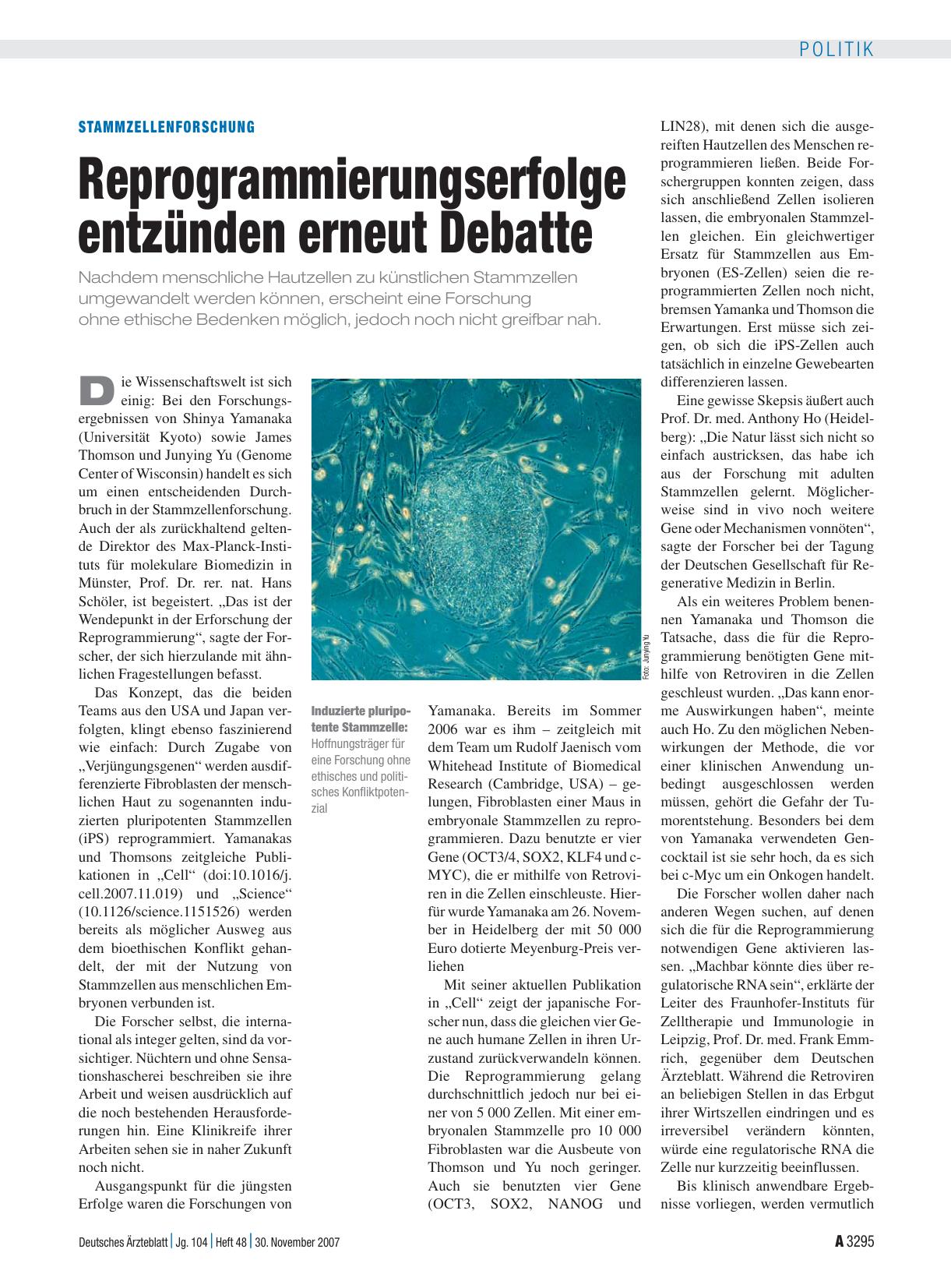 Vorschauseite 1: Stammzellenforschung: Reprogrammierungserfolge entzünden erneut Debatte