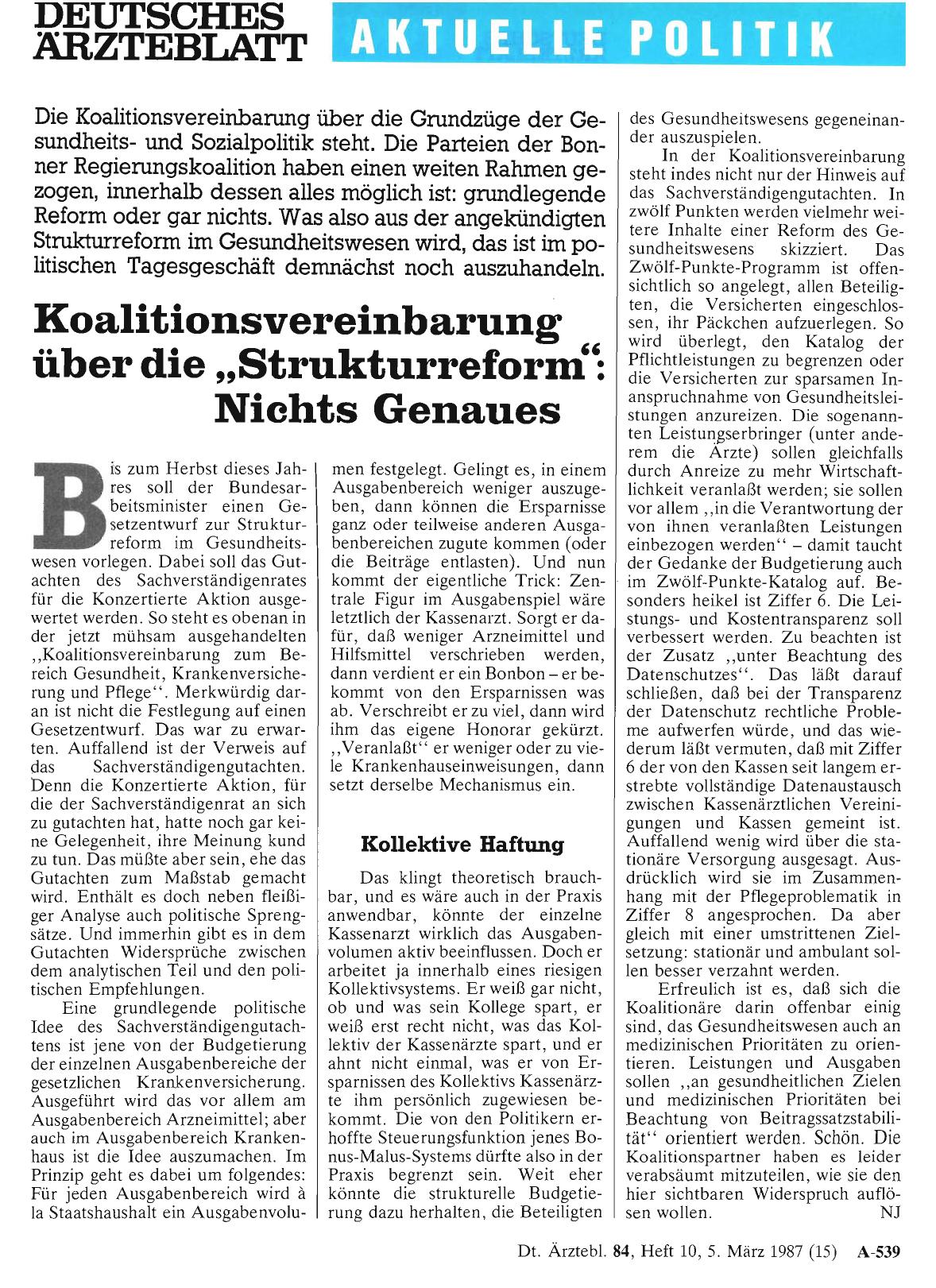 Vorschauseite 1: Koalitionsvereinbarung über die „Strukturreform“ Nichts Genaues