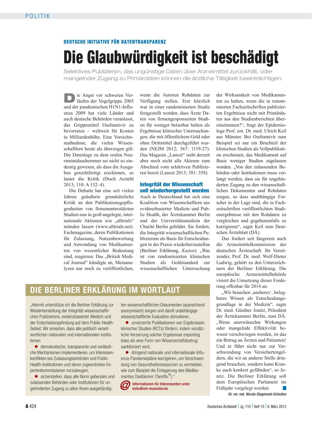Vorschauseite 1: Deutsche Initiative für Datentransparenz: Die Glaubwürdigkeit ist beschädigt
