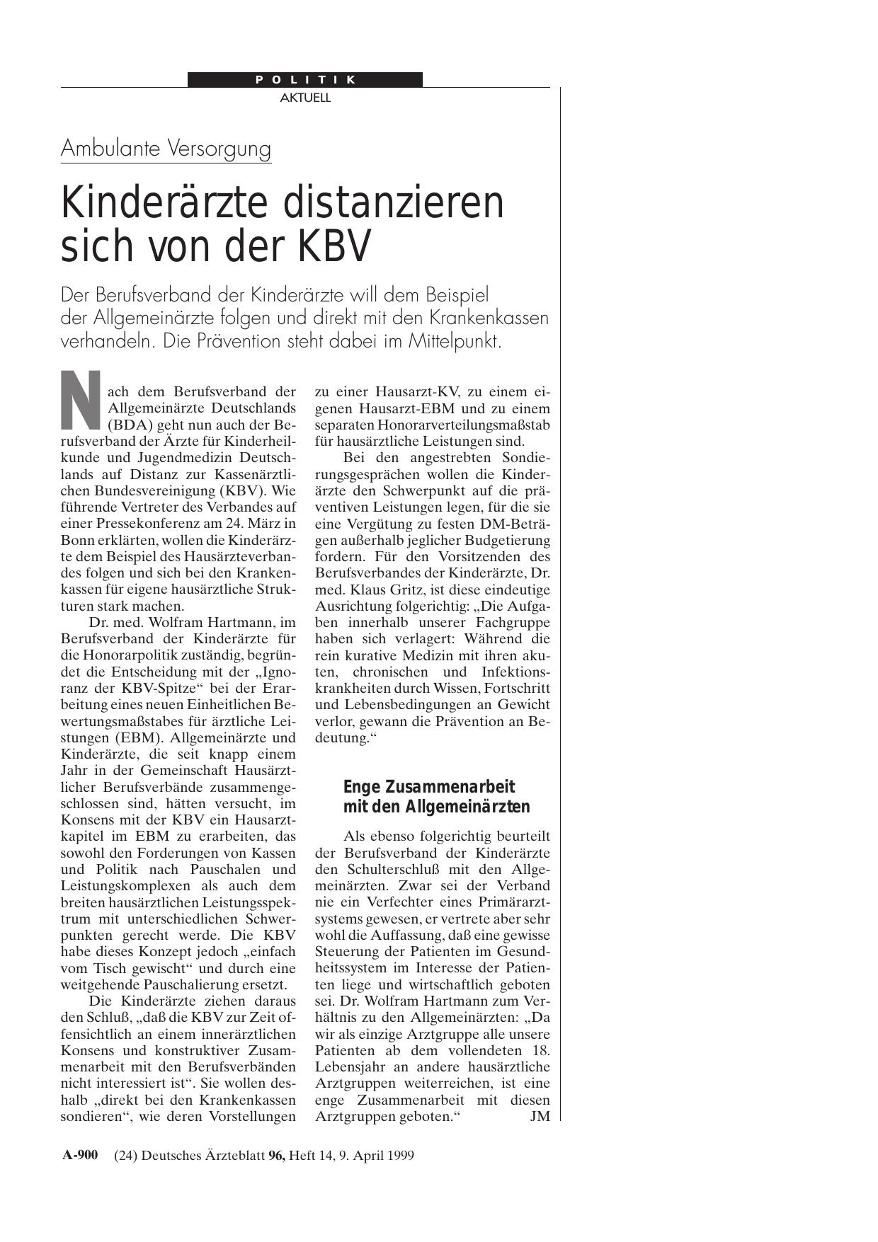 Vorschauseite 1: Ambulante Versorgung: Kinderärzte distanzieren sich von der KBV