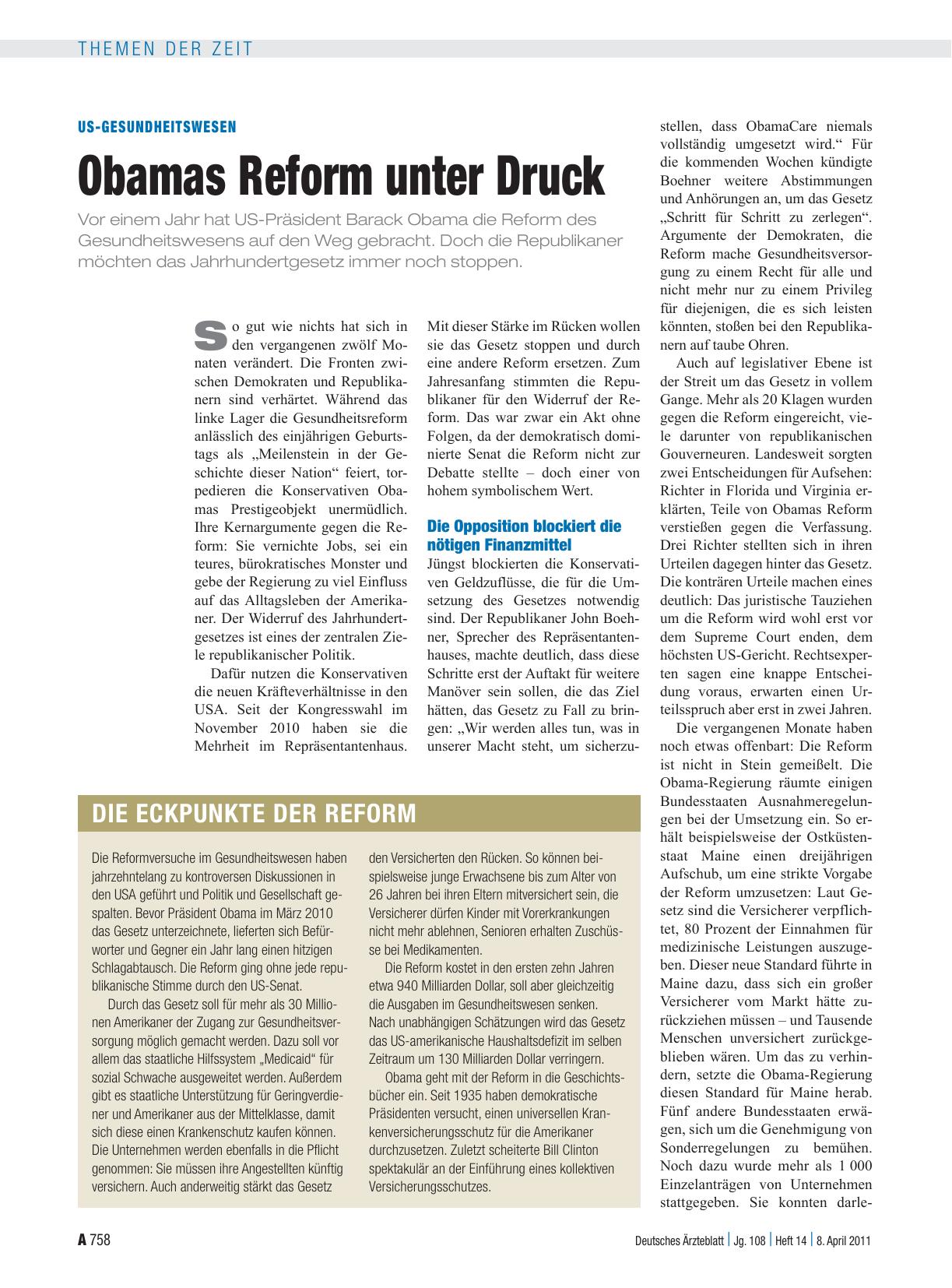 Vorschauseite 1: US-Gesundheitswesen: Obamas Reform unter Druck