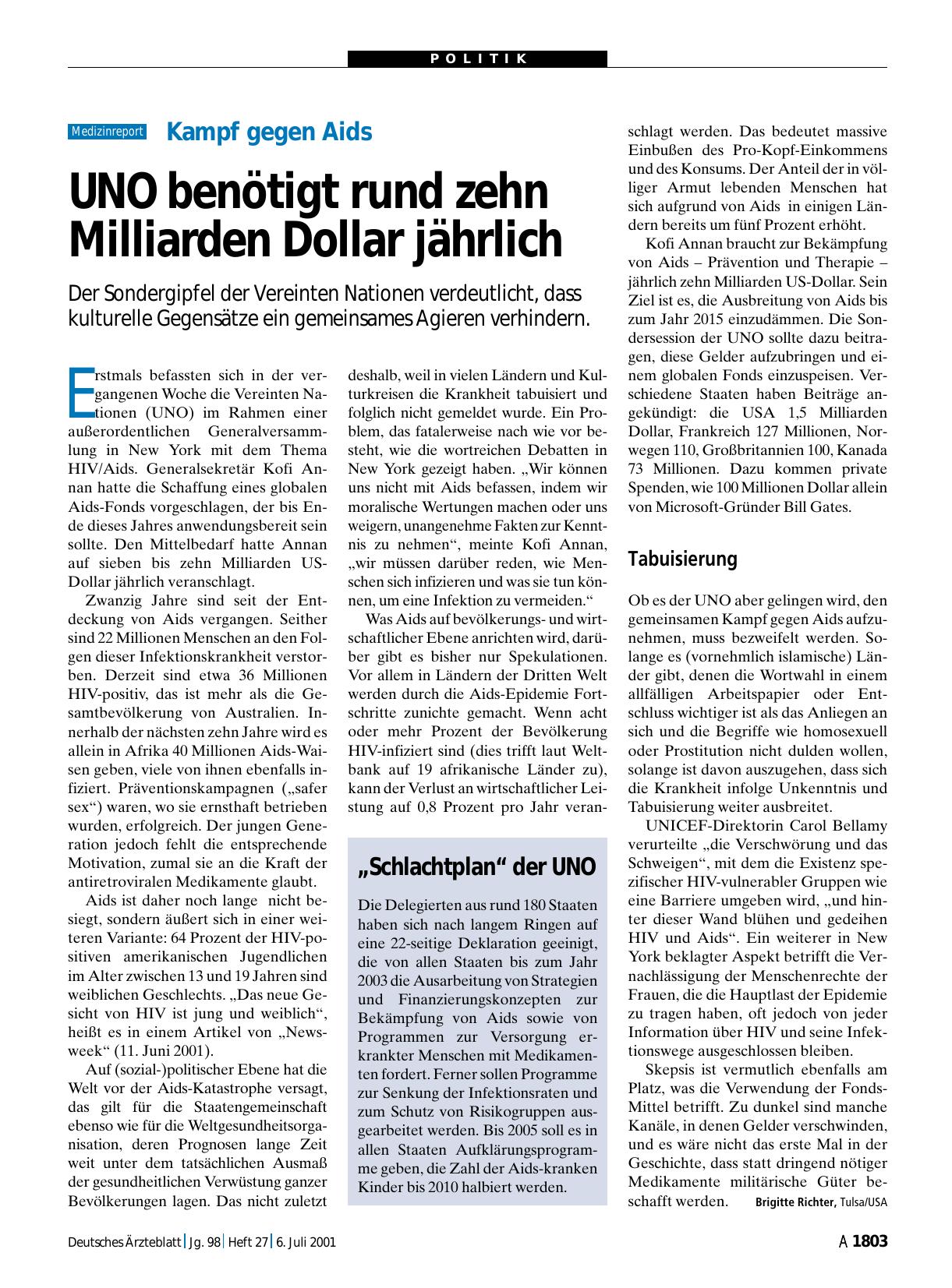 Vorschauseite 1: „Schlachtplan“ der UNO