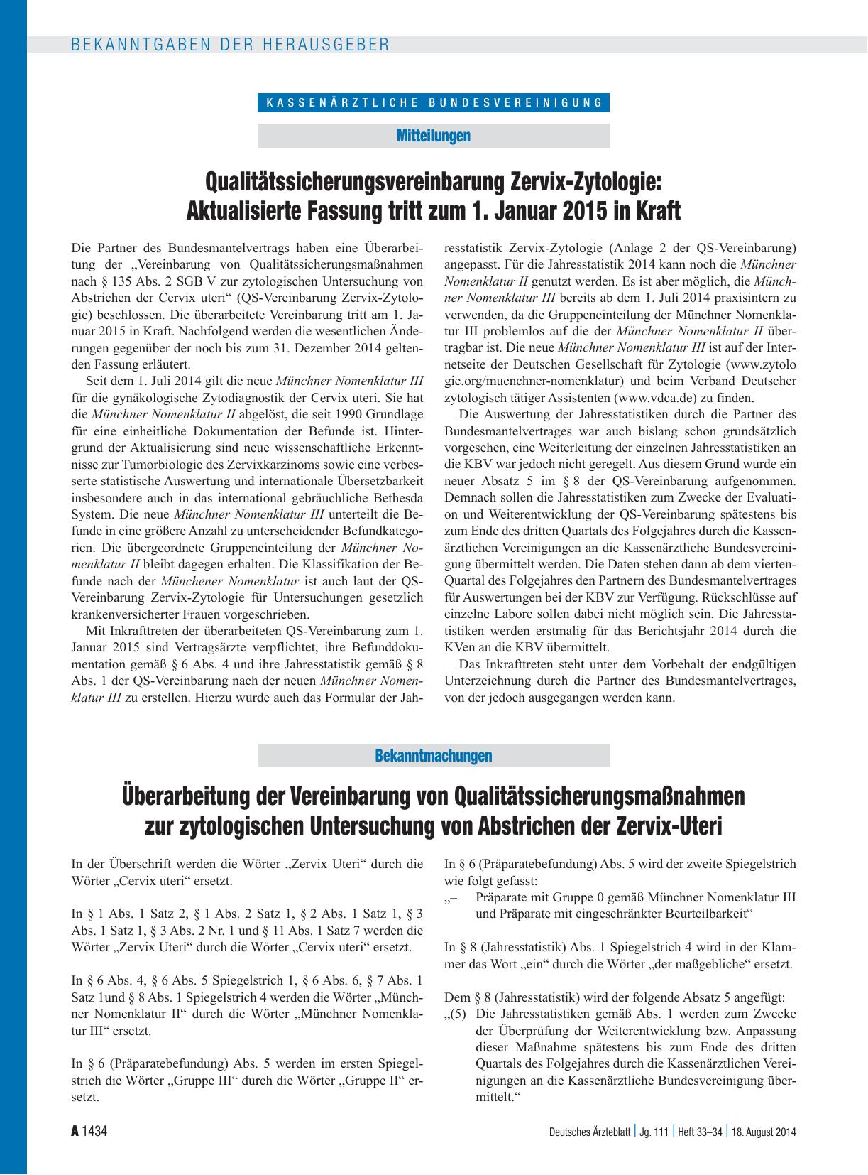 Vorschauseite 1: Überarbeitung der Vereinbarung von Qualitätssicherungsmaßnahmen zur zytologischen Untersuchung von Abstrichen der Zervix-Uteri