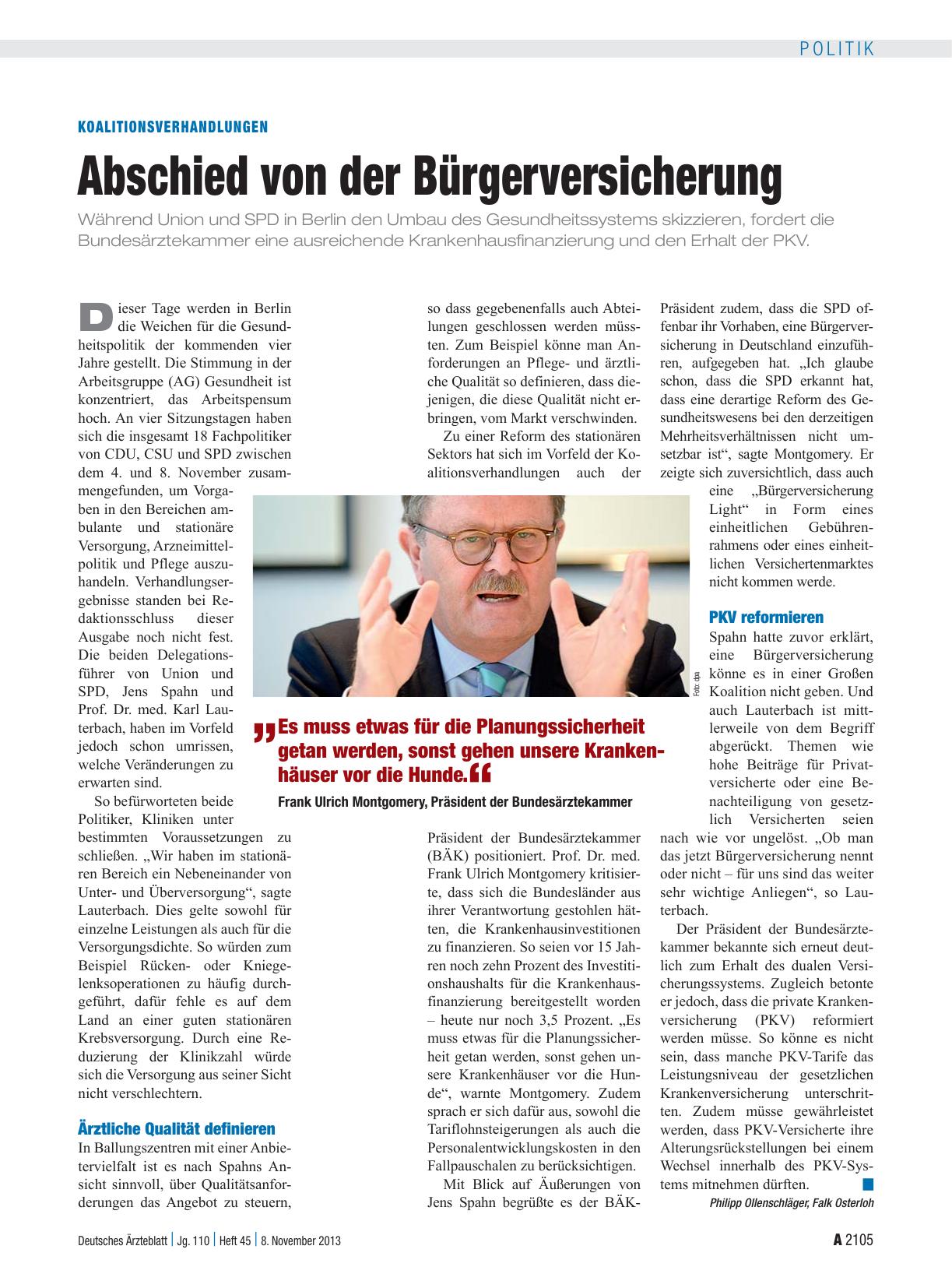 Vorschauseite 1: Koalitionsverhandlungen: Abschied von der Bürgerversicherung