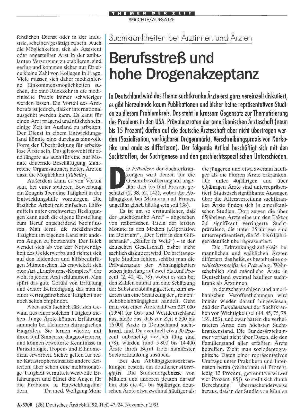 Vorschauseite 1: Suchtkrankheiten bei Ärztinnen und Ärzten: Berufsstreß und hohe Drogenakzeptanz
