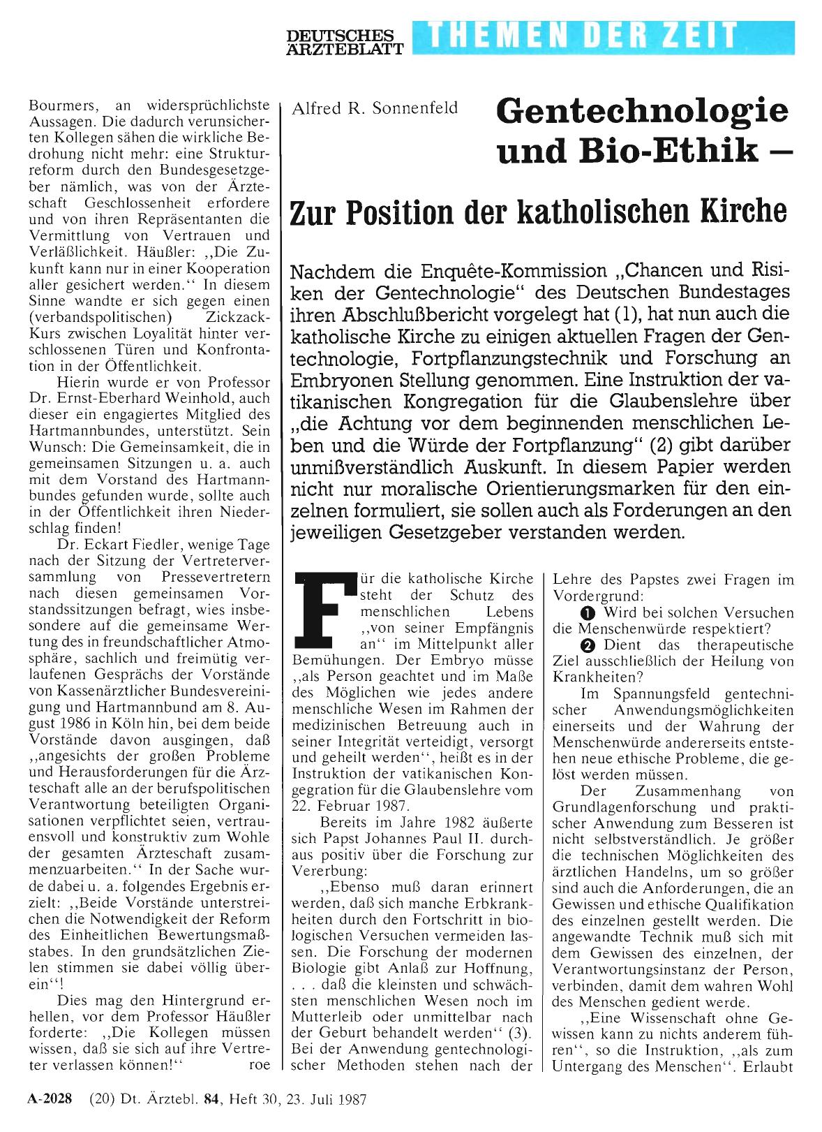 Vorschauseite 1: Gentechnologie und Bio-Ethik - Zur Position der katholischen Kirche