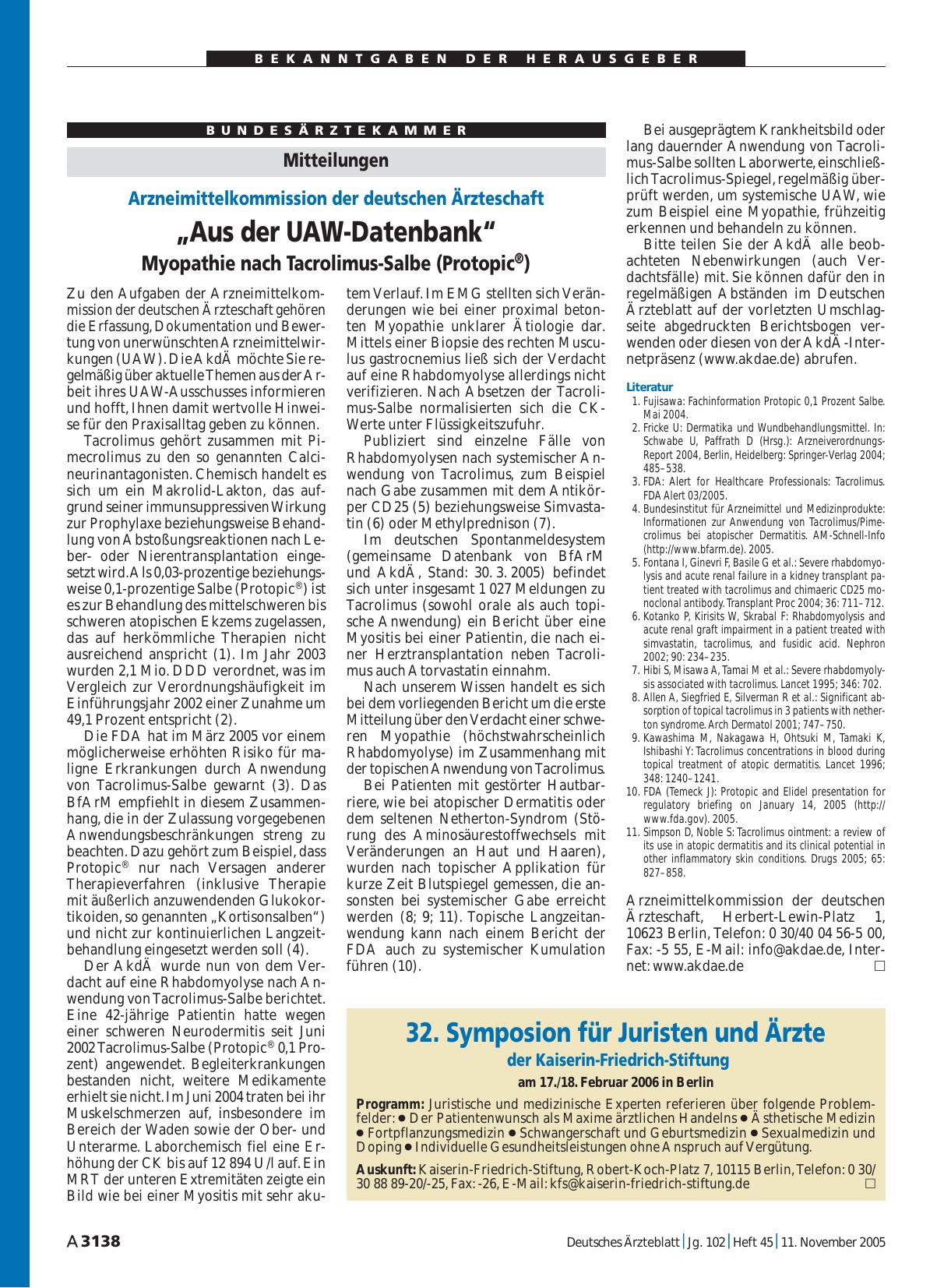 Vorschauseite 1: „Aus der UAW-Datenbank“: Myopathie nach Tacrolimus-Salbe (Protopic®)