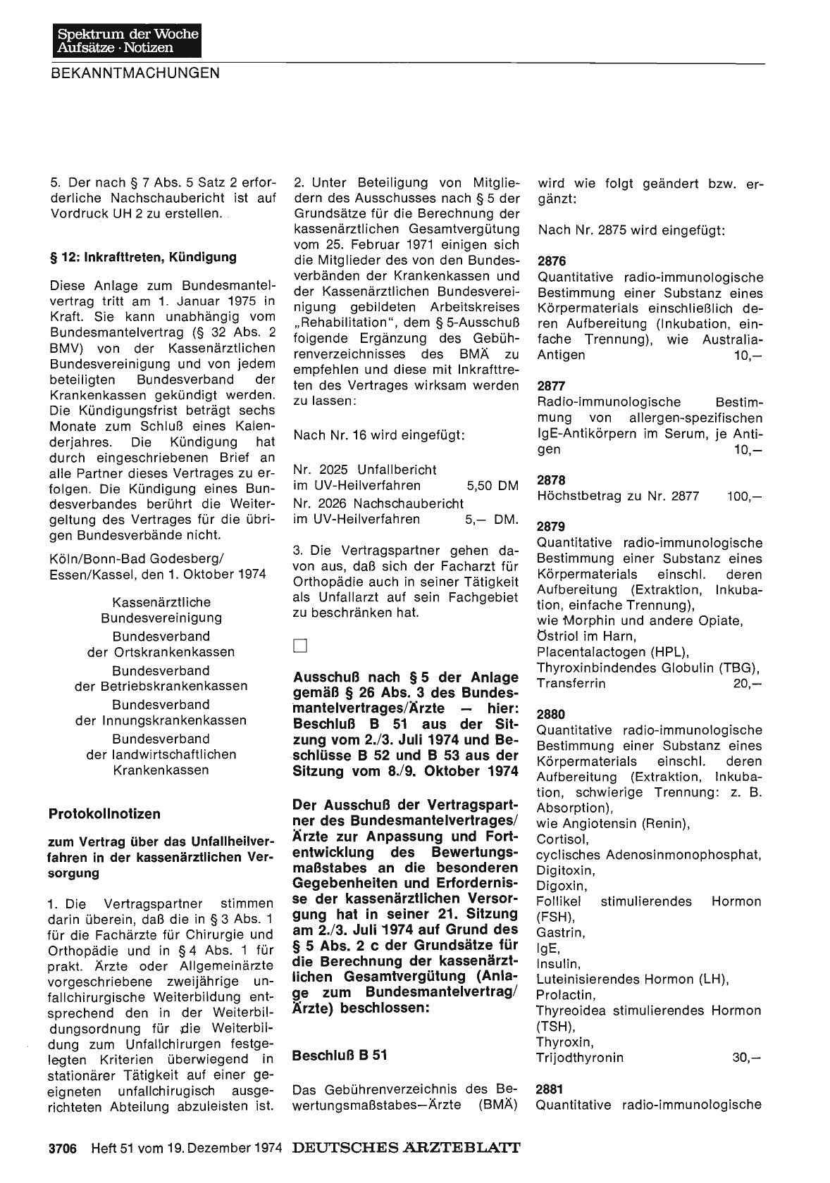 Vorschauseite 1: Ausschuß nach § 5 der Anlage gemäß § 26 Abs. 3 des Bundesmantelvertrages/ Ärzte — hier: Beschluß B 51 aus der Sitzung vom 2. /3. Juli 1974 und Beschlüsse B 52 und B 53 aus der Sit…