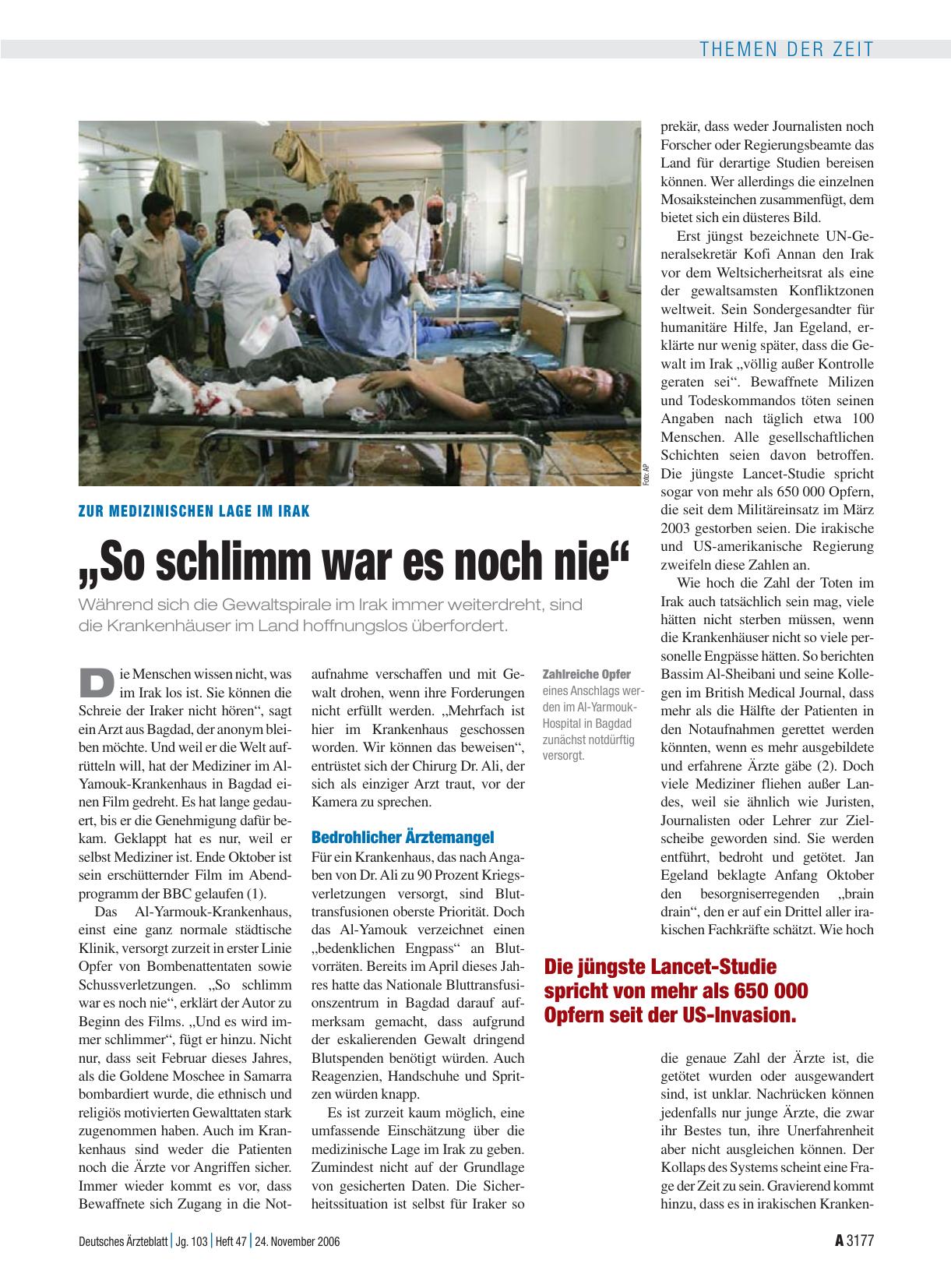 Vorschauseite 1: Zur medizinischen Lage im Irak: „So schlimm war es noch nie“