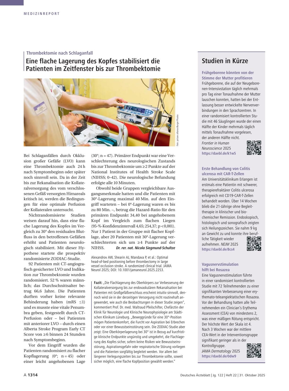 Vorschauseite 1: Thrombektomie nach Schlaganfall: Eine flache Lagerung des Kopfes stabilisiert die Patienten im Zeitfenster bis zur Thrombektomie