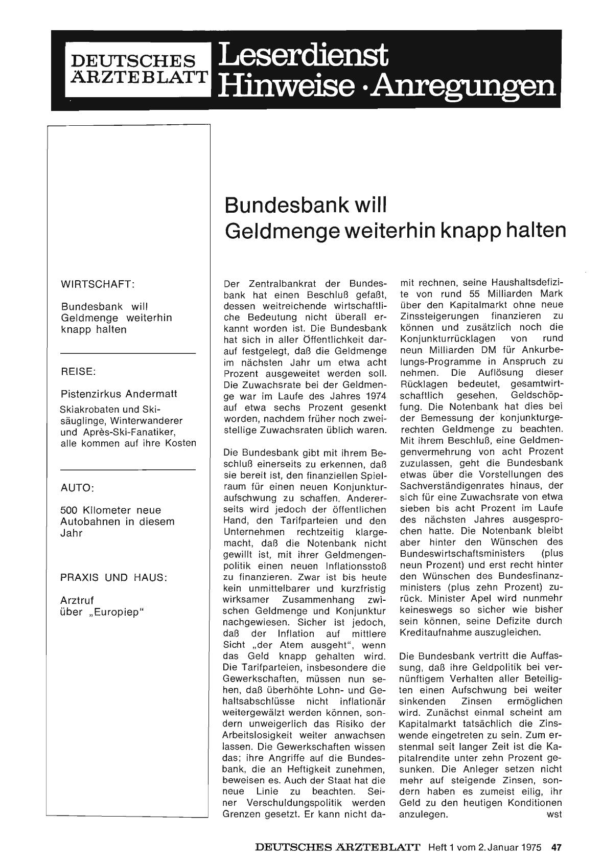 Vorschauseite 1: Bundesbank will Geldmenge weiterhin knapp halten