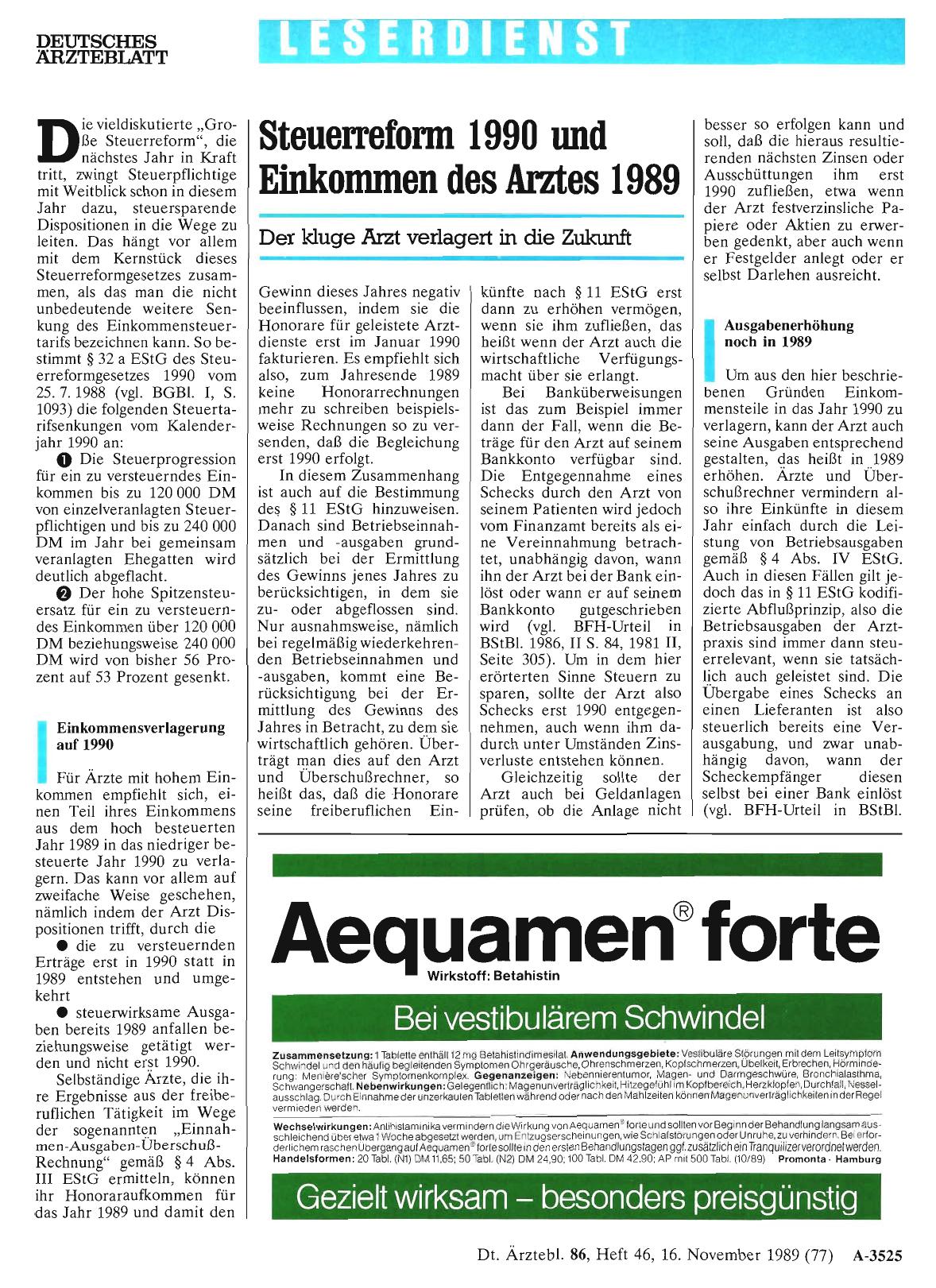Vorschauseite 1: Steuerreform 1990 und Einkommen des Arztes 1989