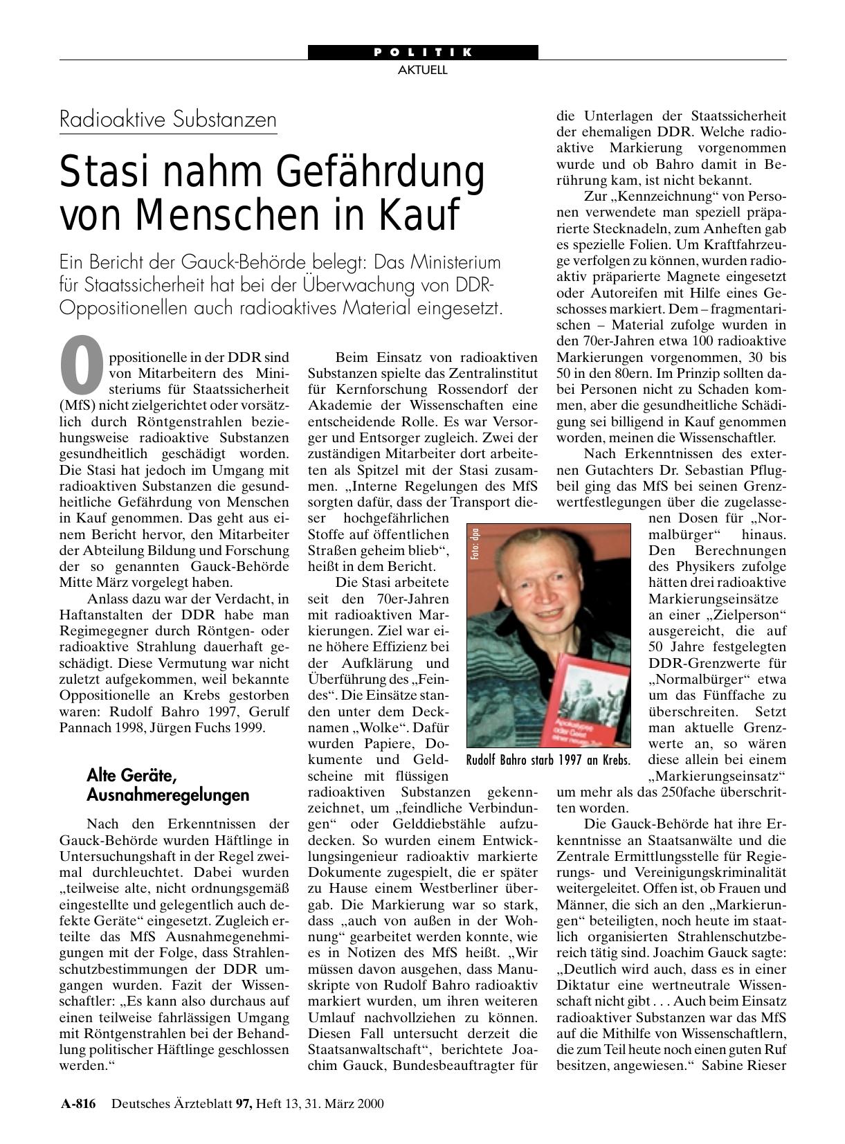 Vorschauseite 1: Radioaktive Substanzen: Stasi nahm Gefährdung von Menschen in Kauf