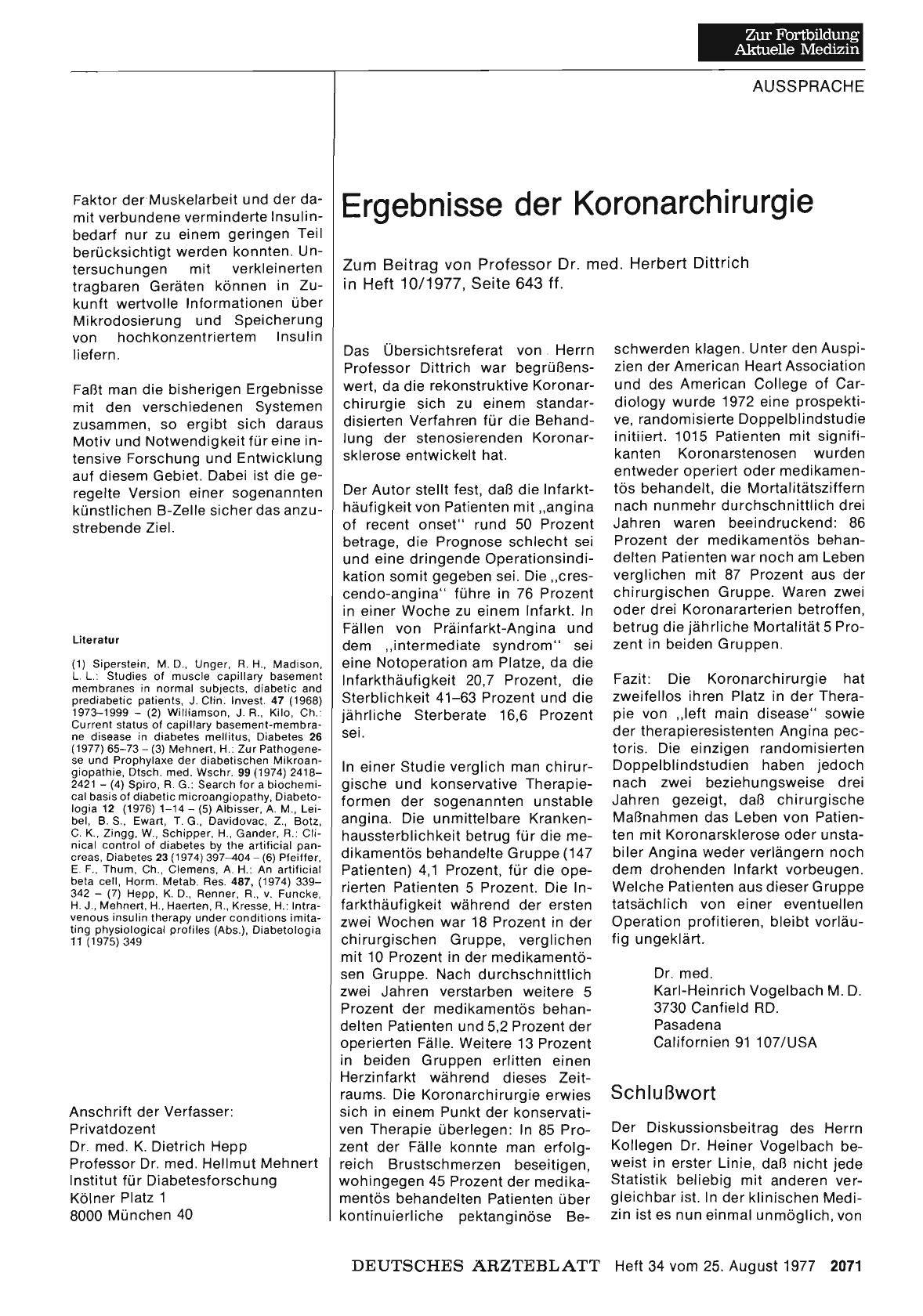 Vorschauseite 1: Ergebnisse der Koronarchirurgie: Stellungnahme