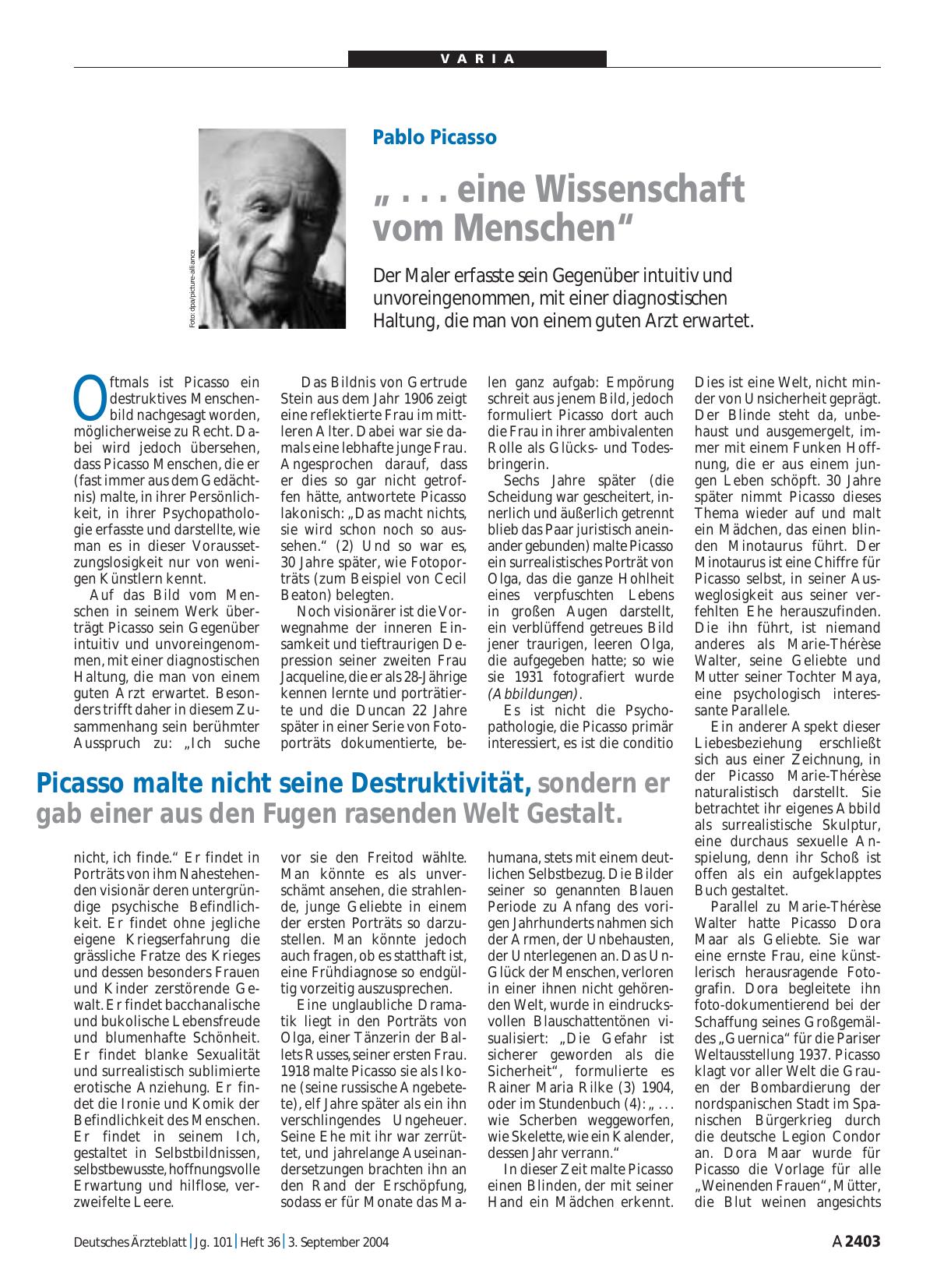 Vorschauseite 1: Pablo Picasso: „. .. eine Wissenschaft vom Menschen“