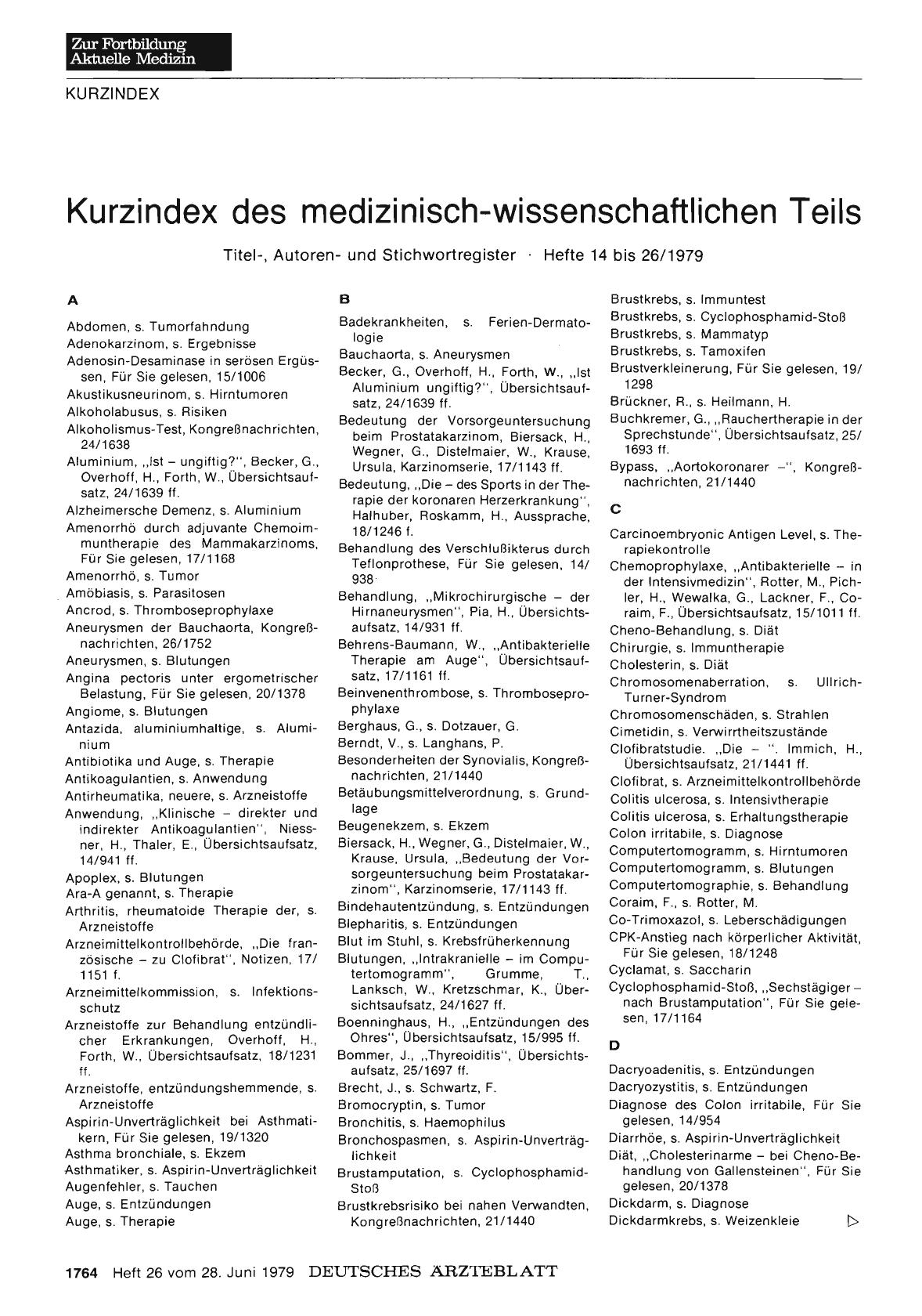 Vorschauseite 1: Kurzindex des medizinisch-wissenschaftlichen Teils: Titel-, Autorenund Stichwortregister Hefte 14 bis 26/1979