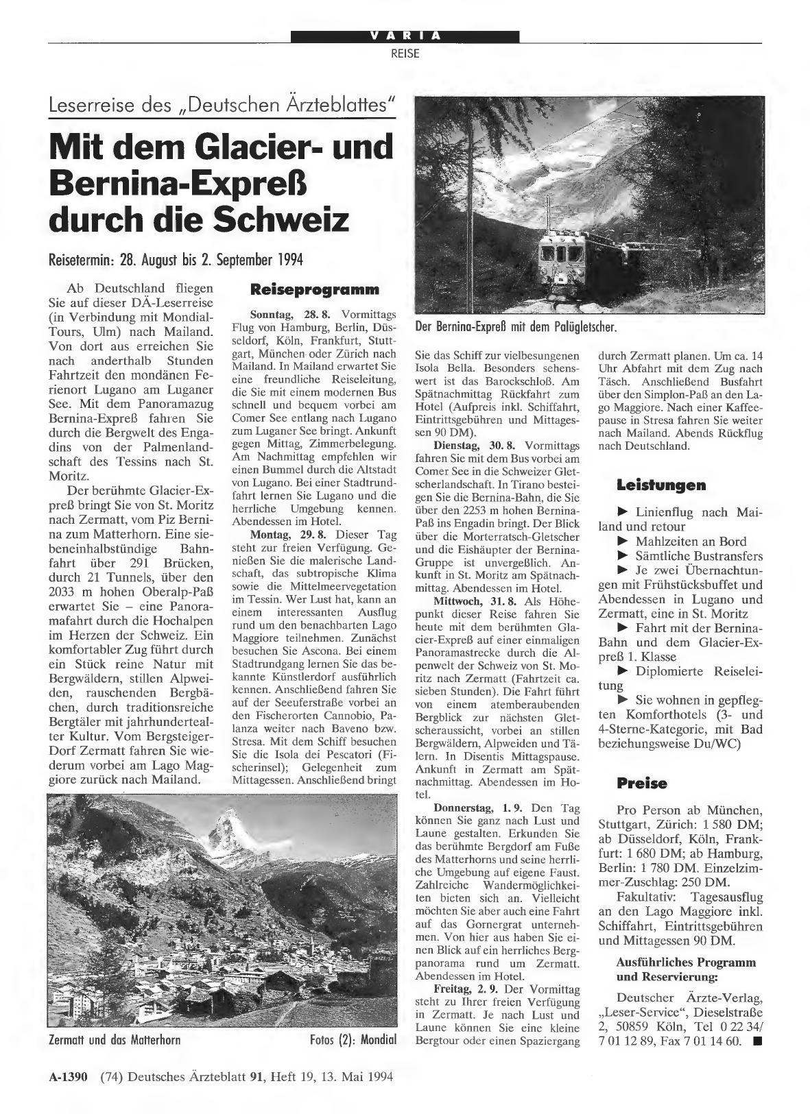 Vorschauseite 1: Leserreise des „Deutschen Ärzteblattes“ Mit dem Glacierund Bernina-Expreß durch die Schweiz