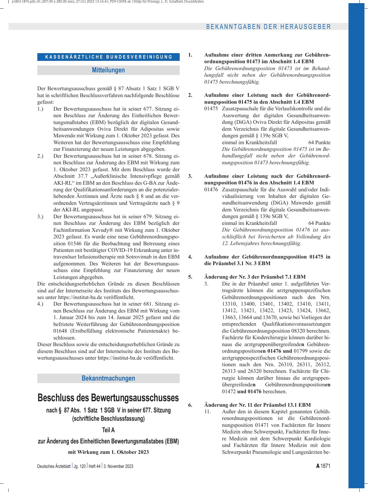 Vorschauseite 1: Beschluss des Bewertungsausschusses nach § 87 Abs. 1 Satz 1 SGB V in seiner 677. Sitzung (schriftliche Beschlussfassung) zur Änderung des Einheitlichen Bewertungsmaßstabes (EBM)