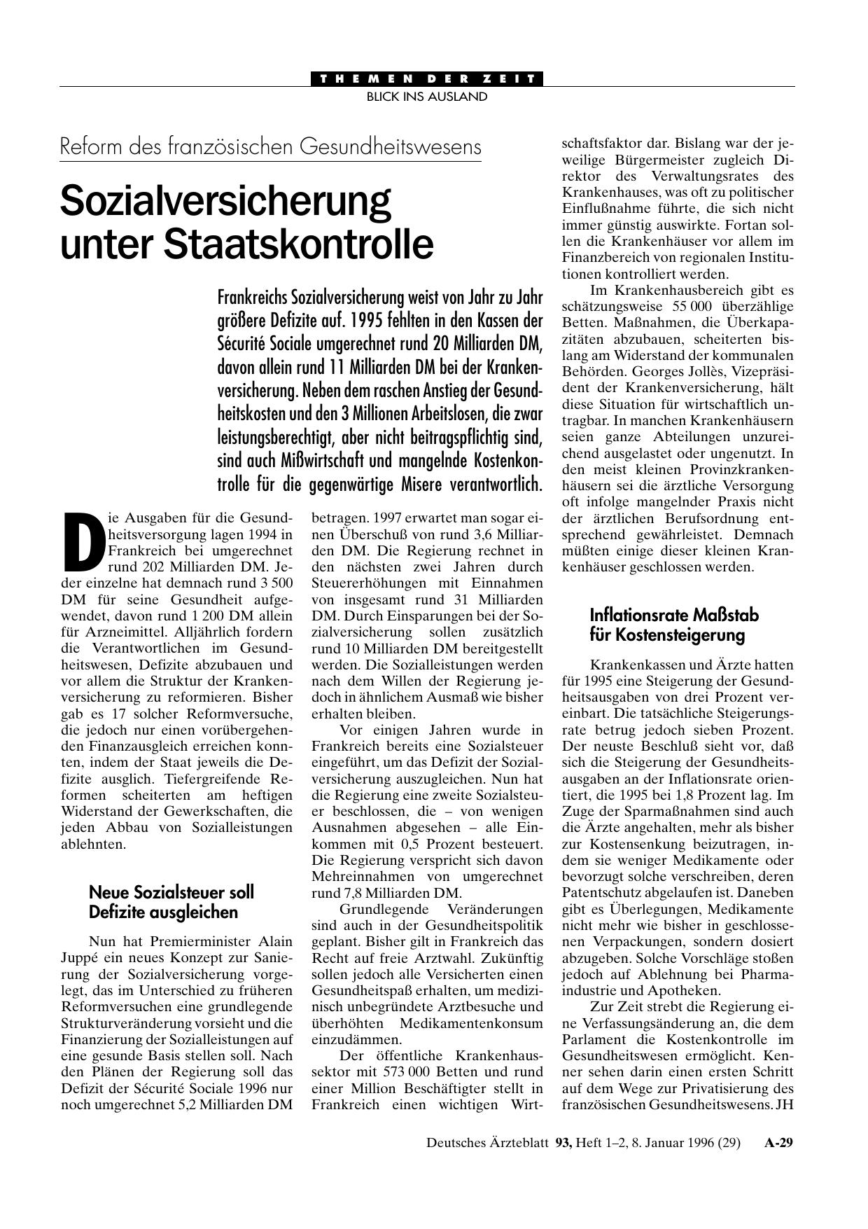 Vorschauseite 1: Reform des französischen Gesundheitswesens: Sozialversicherung unter Staatskontrolle