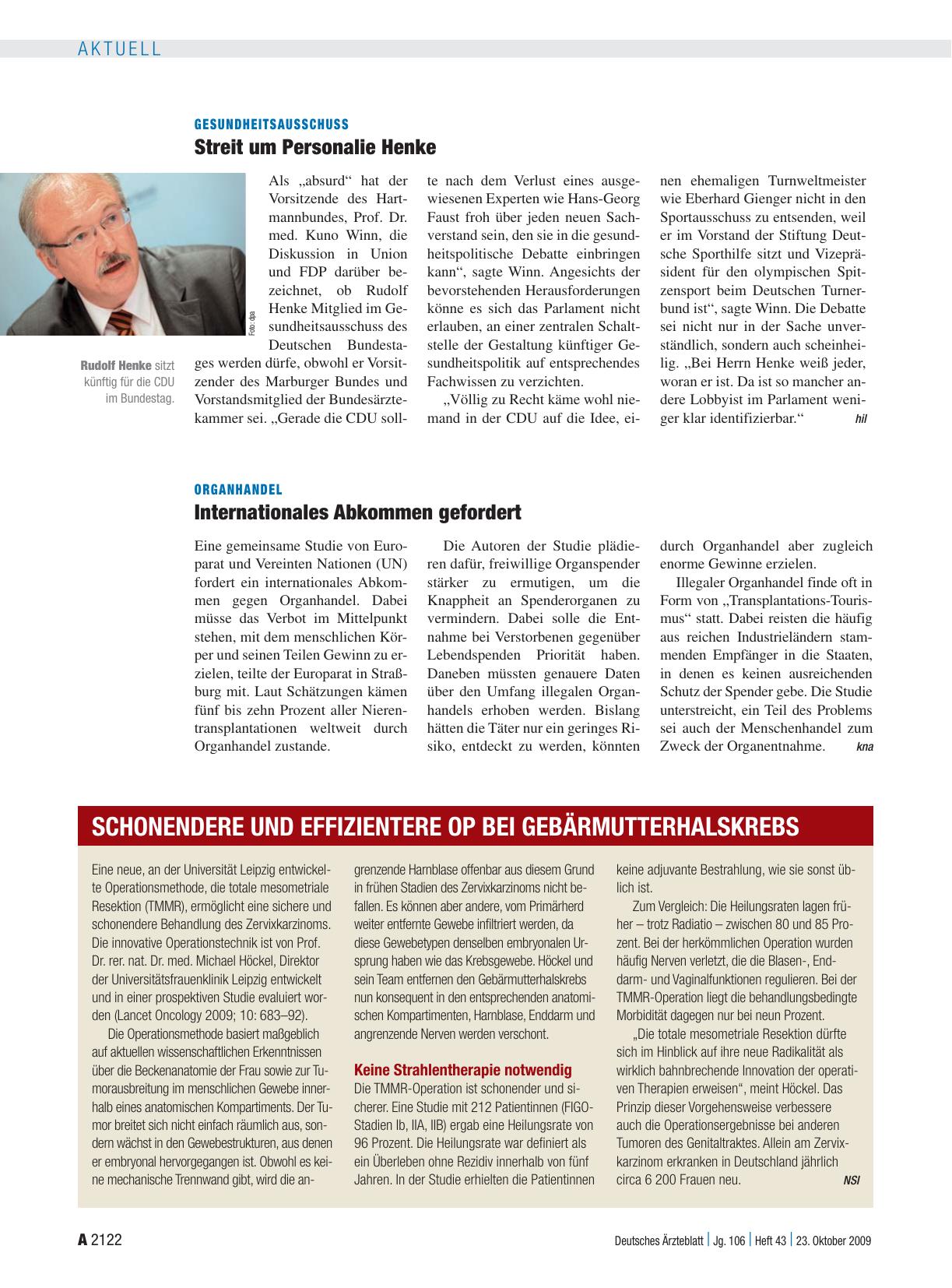 Vorschauseite 1: Gesundheitsausschuss: Streit um Personalie Henke