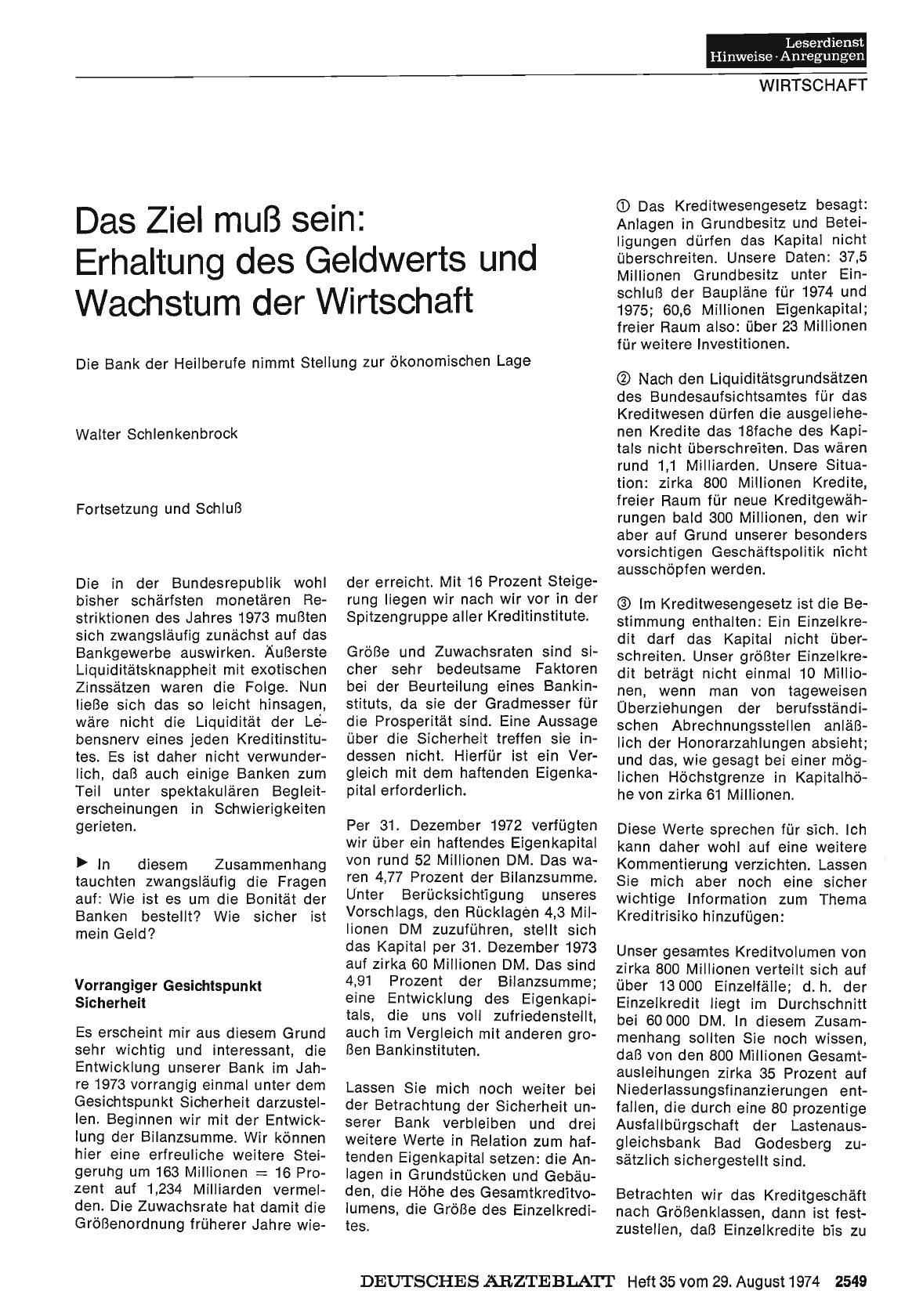 Vorschauseite 1: Das Ziel muß sein: Erhaltung des Geldwerts und Wachstum der Wirtschaft